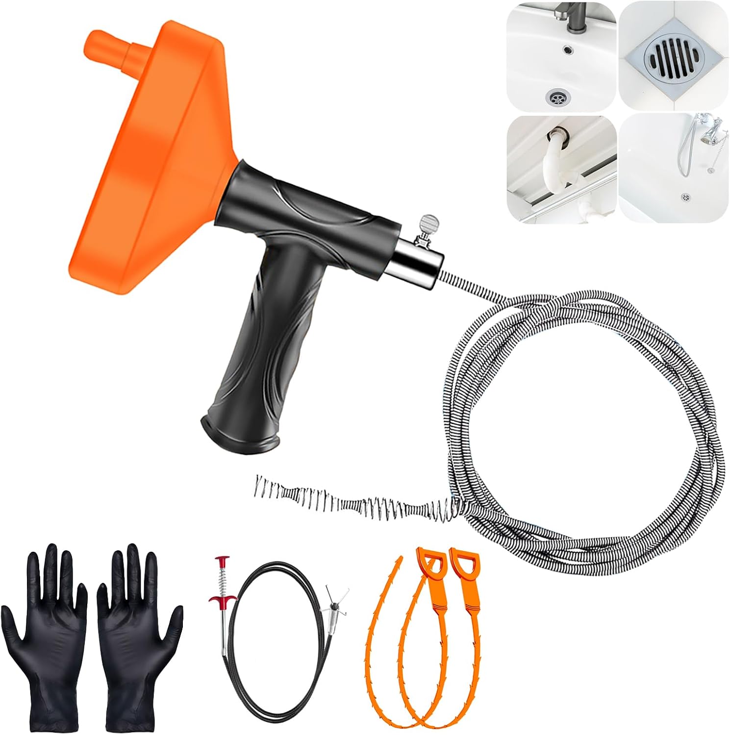 33FT Drain Snake Auger, Plumbing Snake Drain Clog Remover Tool, Heavy Duty Hair Clog Remover for Bathroom Sink, Kitchen Sink, Bathtub, Shower Drain, Flexible Drain Cleaner Tool, Orange