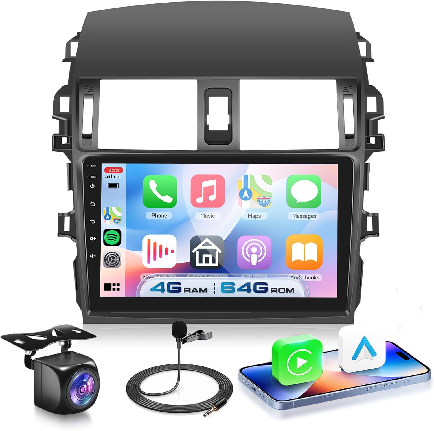 4G+64G Android 15 Car Stereo for Toyota Corolla 2009-2013 with Wireless Carplay Android Auto, 9 Inch 1280 * 720 Touch Screen GPS/WiFi/Bluetooth 5.0/ FM/32EQ/ SWC/Backup Camera