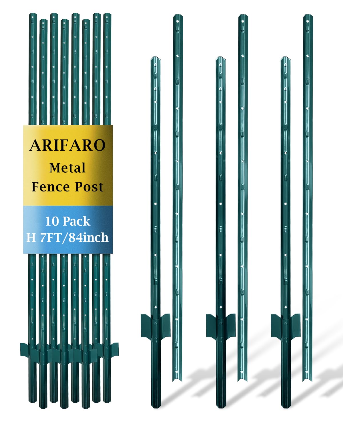ARIFARO Fence Posts 7 Feet, 10-Pack, Heavy Duty U Post, Metal Fence Post