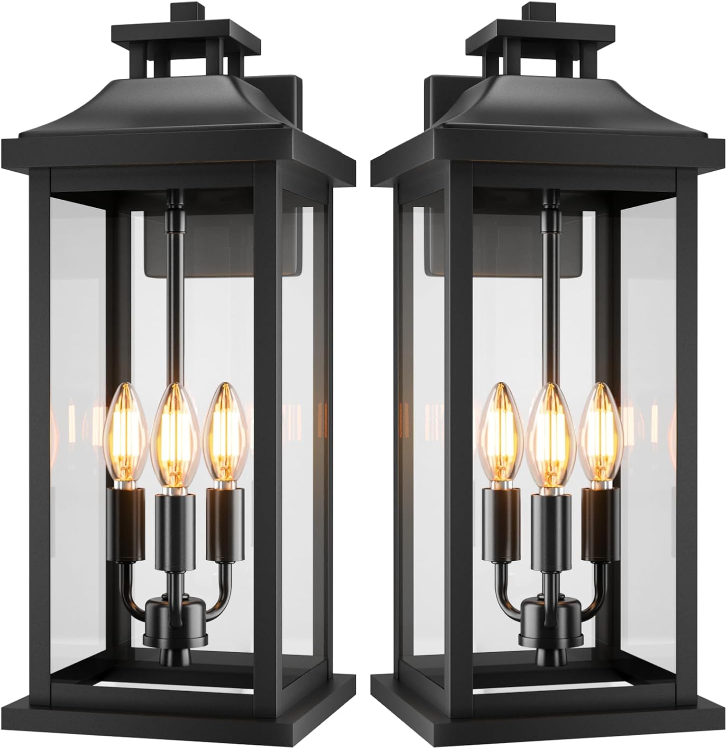 20" Large Outdoor Light Fixtures 3-Light 2 Pack, Black Outside Modern Porch Lights for House, Exterior Wall Sconce Lanterns Wall Mounted Waterproof Outdoor Coach Lamps for Garage E12