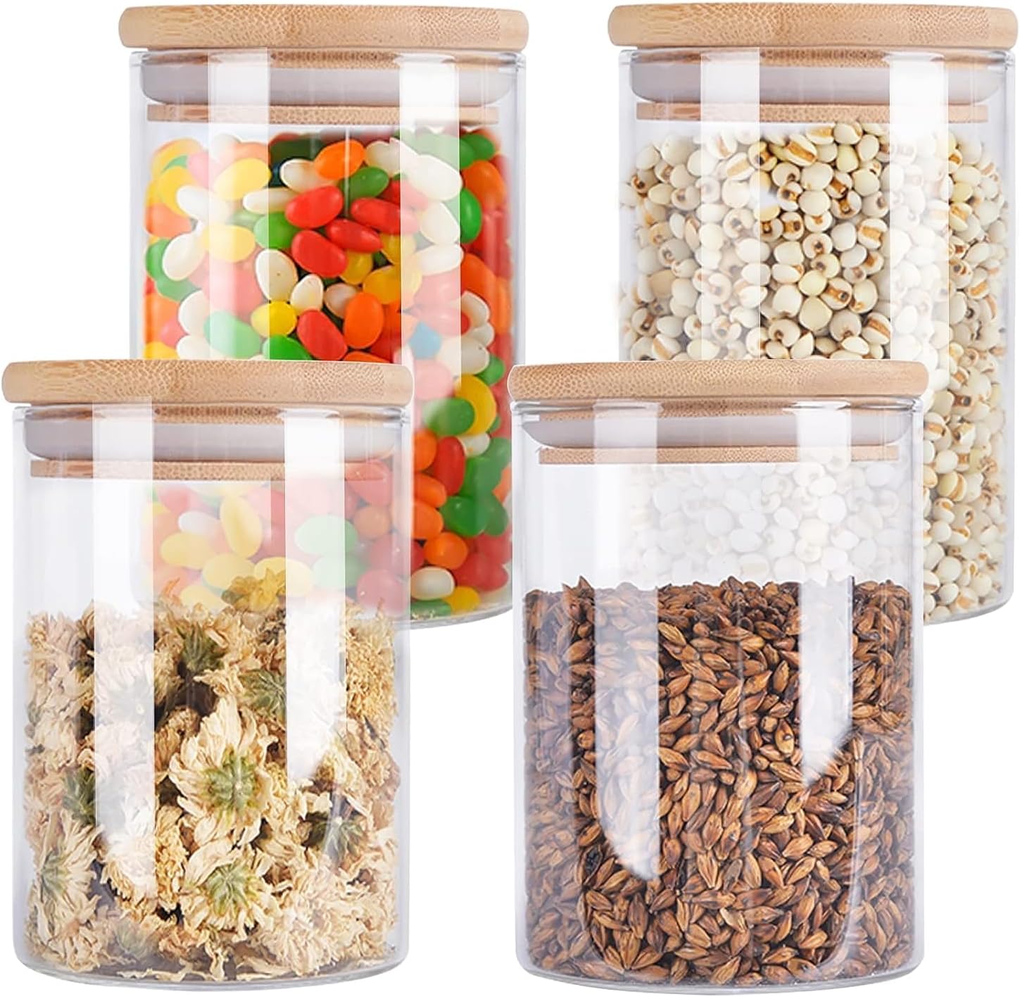 Aoeoe 4 Pack Glass Storage Jars with Airtight Bamboo Lid, 27 OZ Glass Kitchen Canisters, Clear Container for Coffee Bean Storage, Dry Goods, Cookie, Candy, Tea, Spices and More
