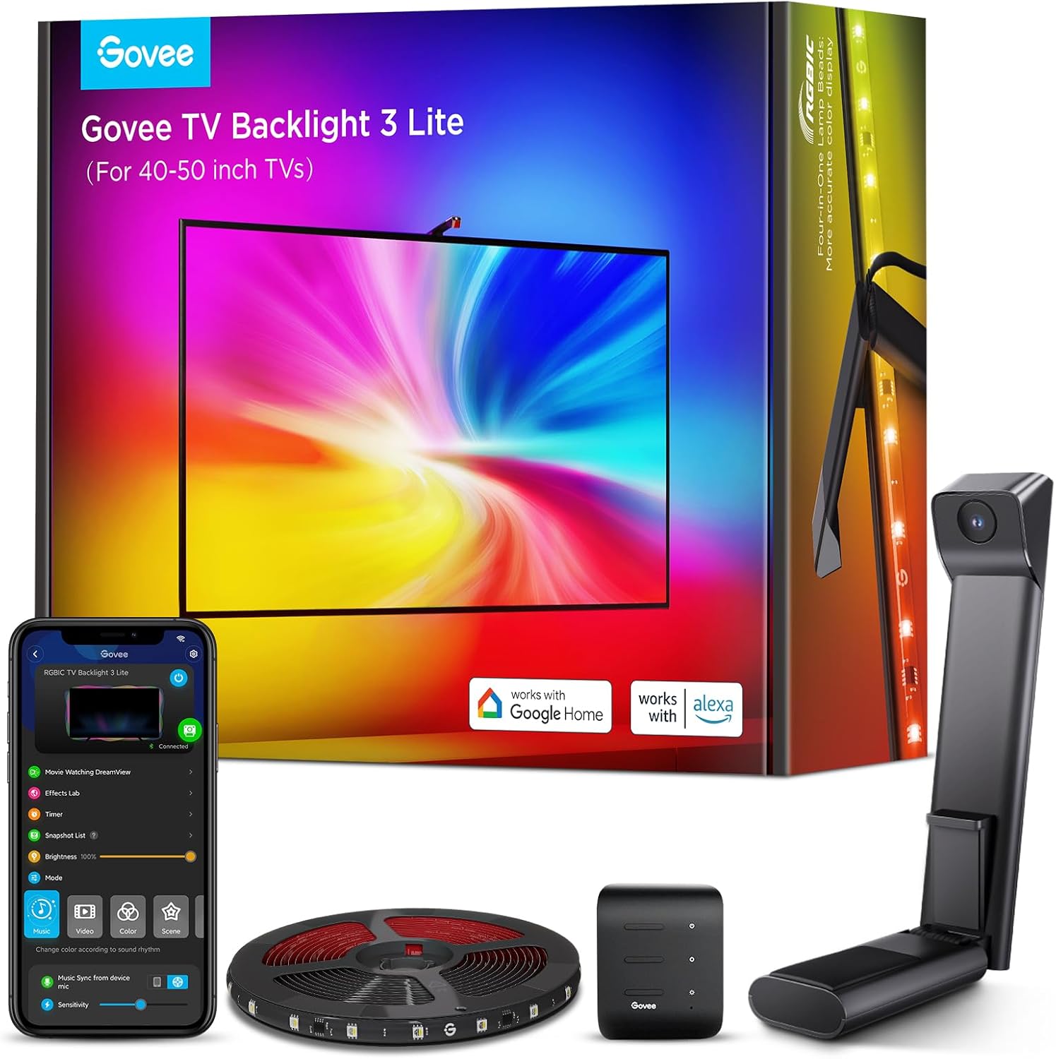 Govee TV Backlight 3 Lite with Camera Fisheye Correction, 2.4m for 40-50 Inch TVs, RGBICW TV LED Backlight, 4-in-1 Beads, WiFi, Work with Voice Assistant Alexa&App Controls