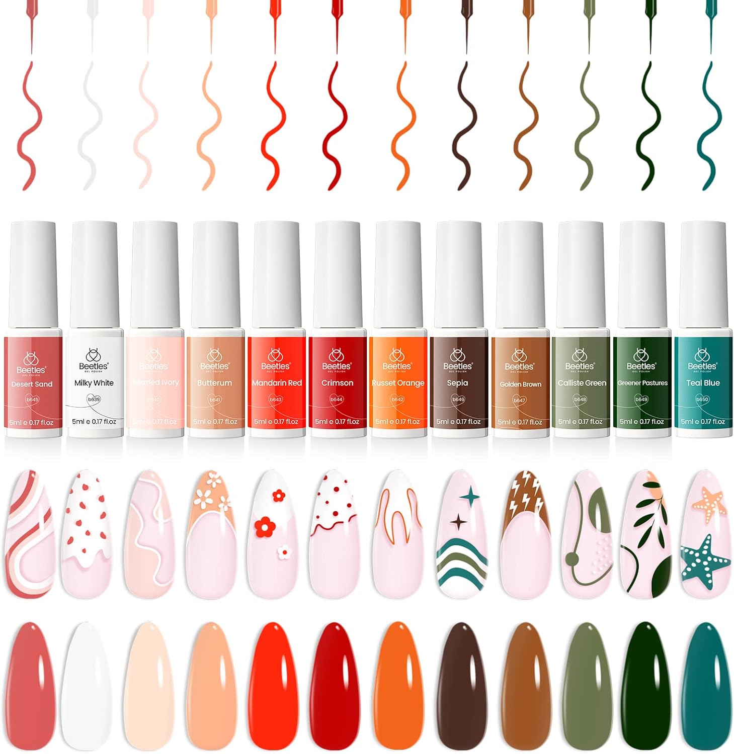 Beetles Gel Polish Nail Art Gel Liner Set - 12Pcs Popular White Orange Chocolate Brown Green Colors Thin Nail Art Brush Soak Off LED Lamp