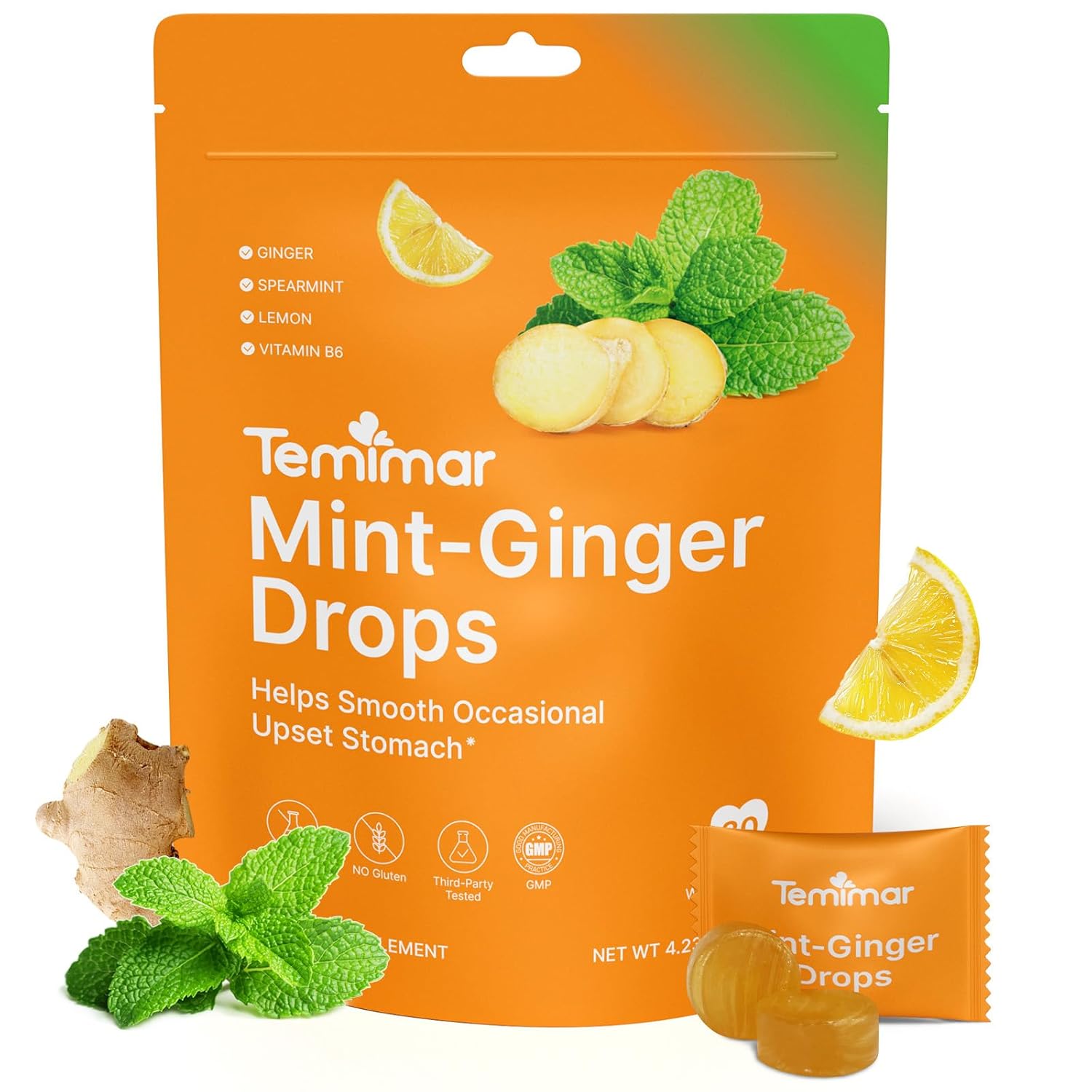 Mint-Ginger Drops for Nausea Relief, Smooth Upset Stomach, Motion & Morning Sickness Relief, with Ginger, Lemon, Spearmint & Vitamin B6, 30 Individually Wrapped Candies