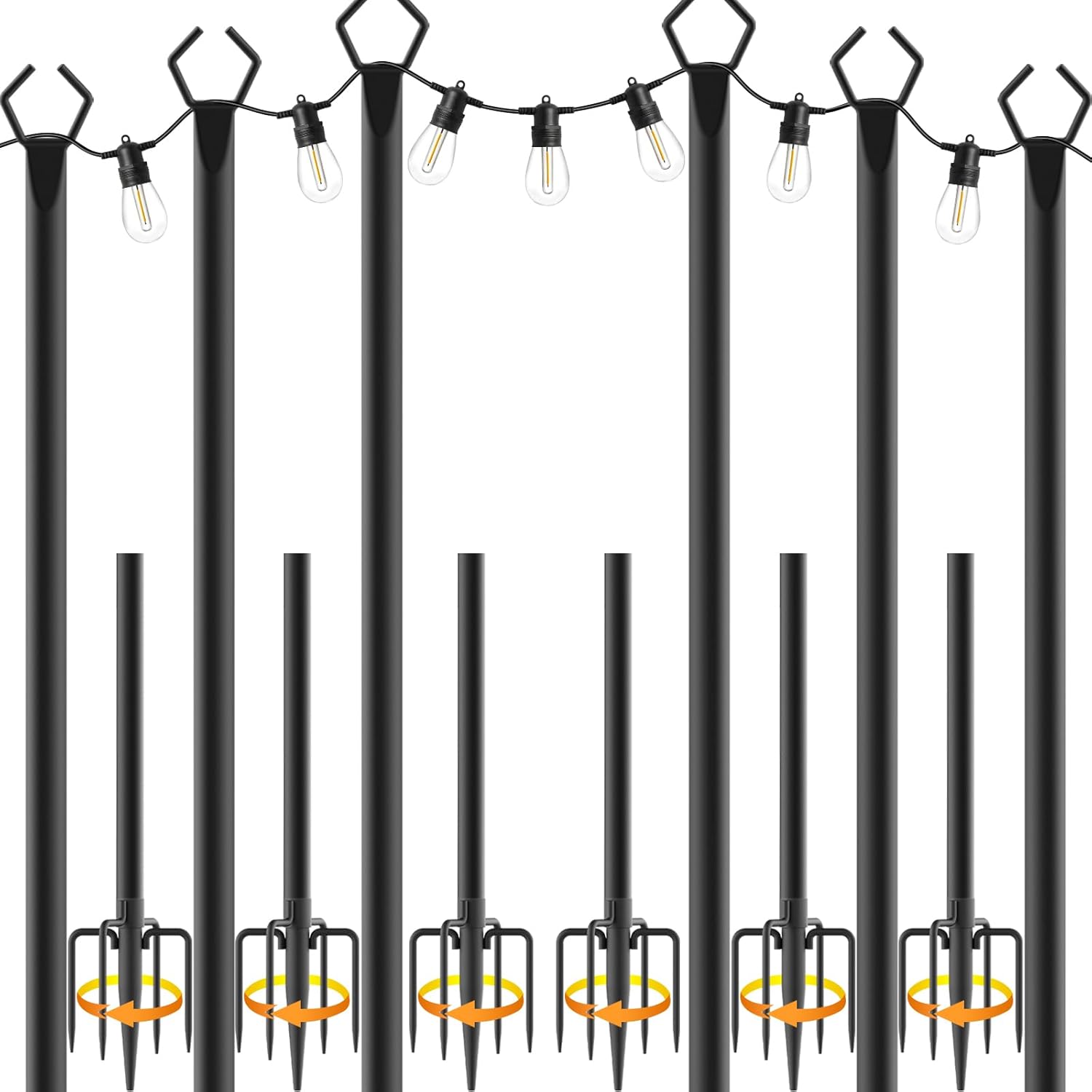 6 Pack 10 ft Heavy Duty Metal String Light Poles Adjustable Outdoor Lighting Stand for Patio,Backyard,Garden,Party & Wedding Rustproof & Sturdy with Hooks