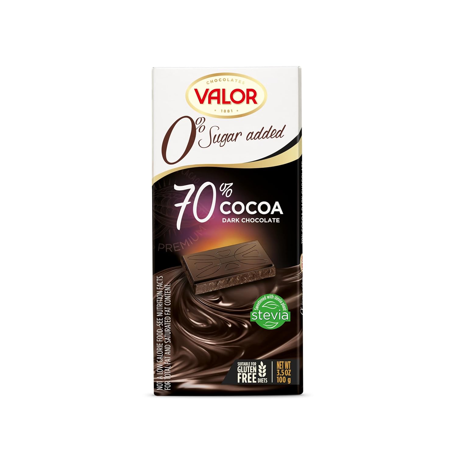 Valor. 70% Cocoa Dark Chocolate. No sugar added. 100g (3.53oz).