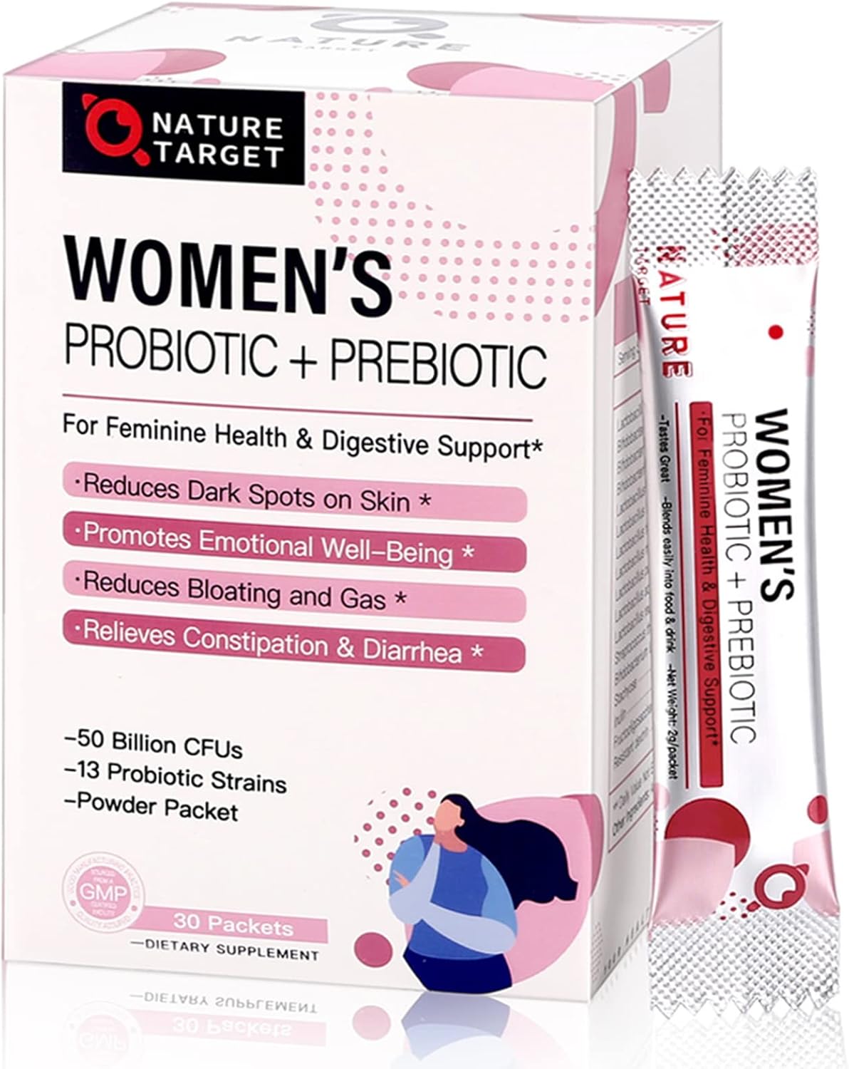NATURE TARGET Probiotics for Women Probiotic Powder Supplement - Prebiotics and Probiotics for Weight Loss, Immune and Digestive Health Support