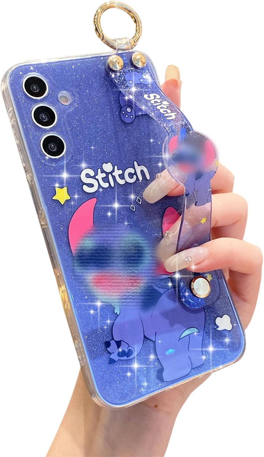 for Samsung Galaxy A15 5G Case with Wrist Strap Kickstand Cute Glitter Cartoon Camera Lens Protector Shockproof Protective Cover for Women Girls (Stit 1)