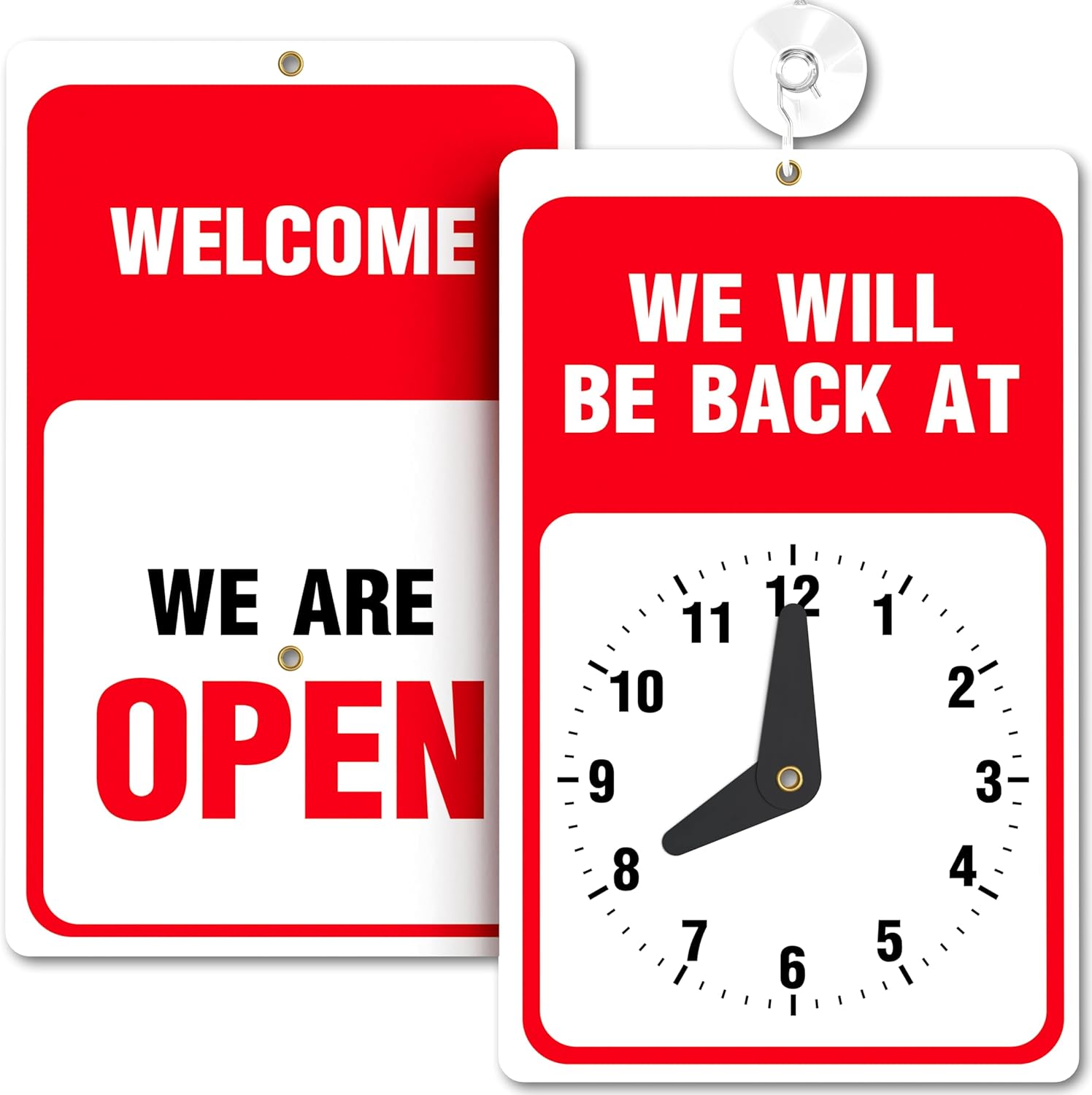 Open, Be Back Soon Sign With Clock - 9.25 x 5.75 Inch - Includes Suction Cup - Ideal Open Close Sign for Shop Window or Door - Perfect Closed for Lunch Sign Or Back in 10 Minutes Sign