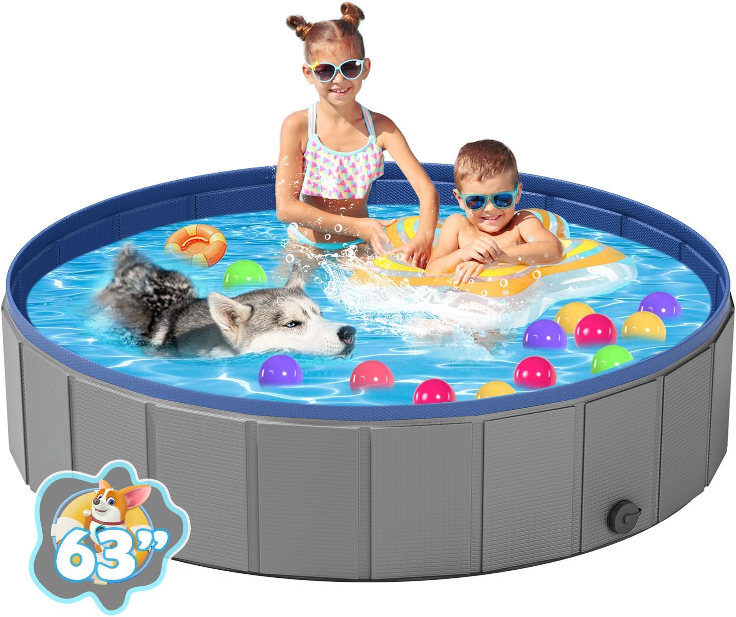 YSJILIDE Portable Dog Pool PVC Pet Swimming,Bathtub Collapsible,Hard Plastic Pool for Pets to Swim and Bath (XL-63"x 12" Dark Grey)