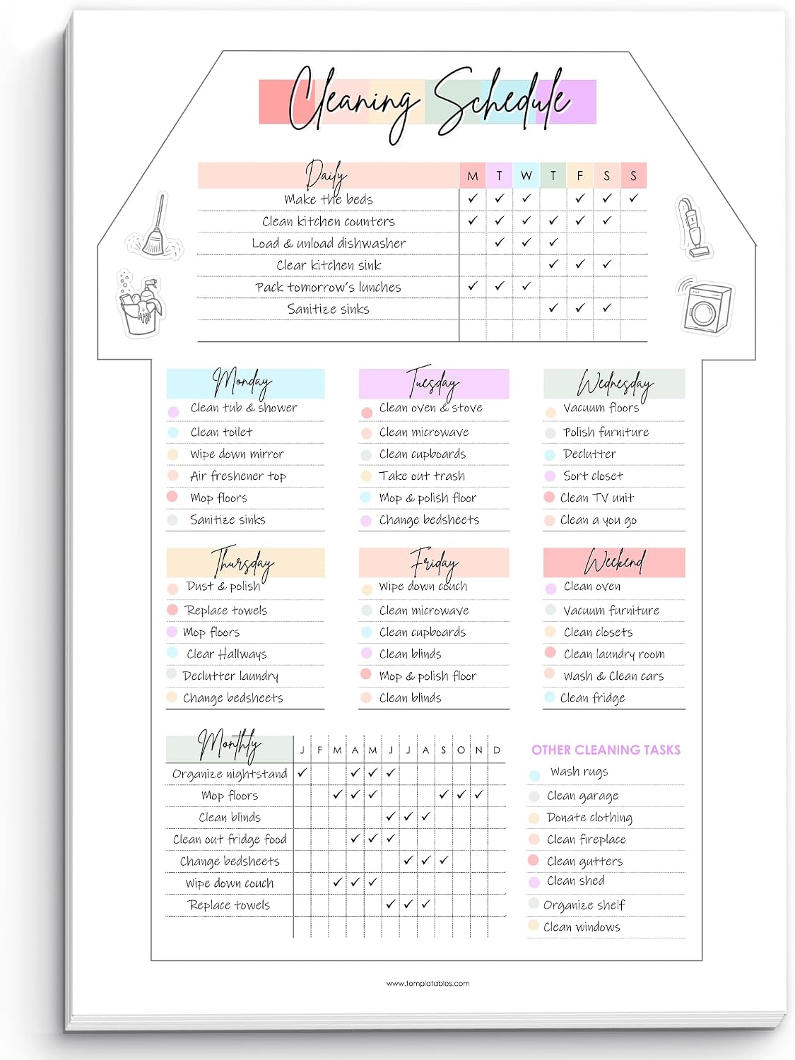 Weekly Cleaning Planner Notepad - Daily, Weekly & Monthly Cleaning Schedule and Checklist Desk Pad, Household Chores Tracker | 50 Undated Tear Away Sheets | A4 (Rainbow)