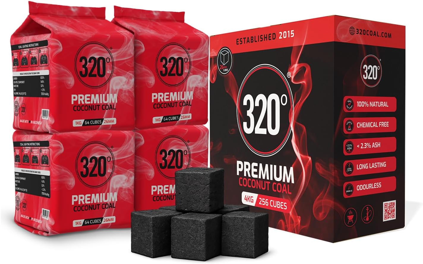 320° Premium Shisha Hookah Coconut Coal (26mm Cubes) for BBQ - 4kg - 256 Cubes - NICOTINE FREE