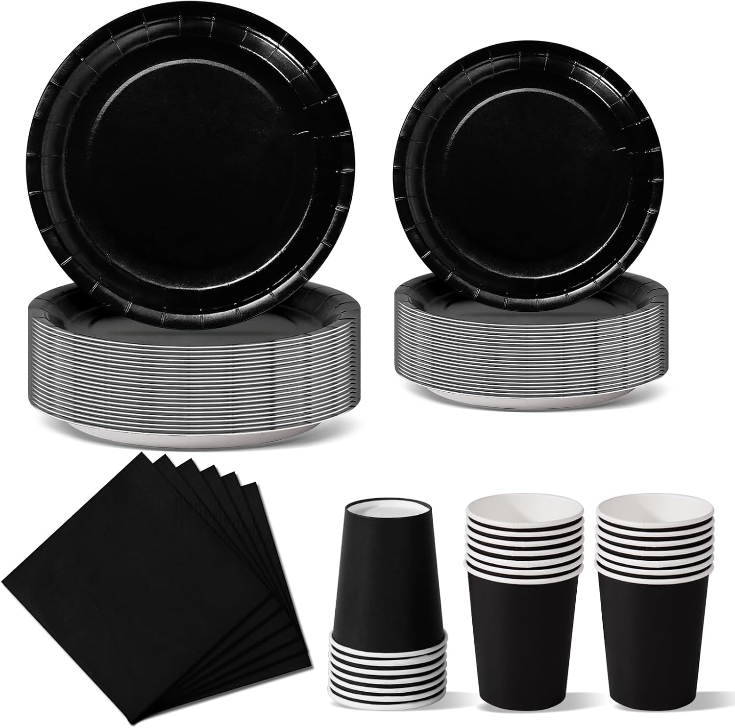 Nkaiso Black Party Tableware, 96 Pieces Colorful Party Supplies Set Solid Color Paper Plates Cups and Napkins for Birthday Party Supplies