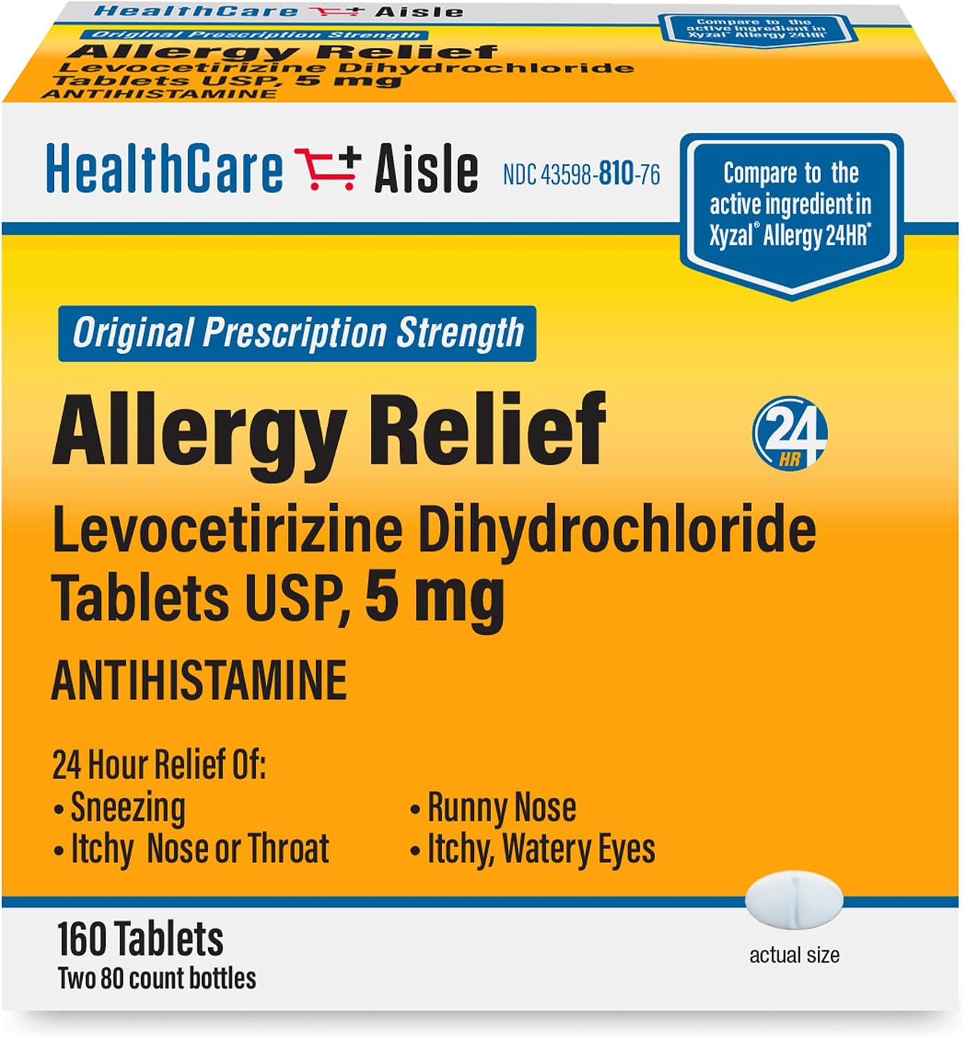 HealthCareAisle Allergy Relief - Levocetirizine Dihydrochloride Tablets USP, 5 mg, 160 Tablets, Original Prescription Strength Allergy Medication, 24-Hour Relief, 80 Count (Pack of 2)
