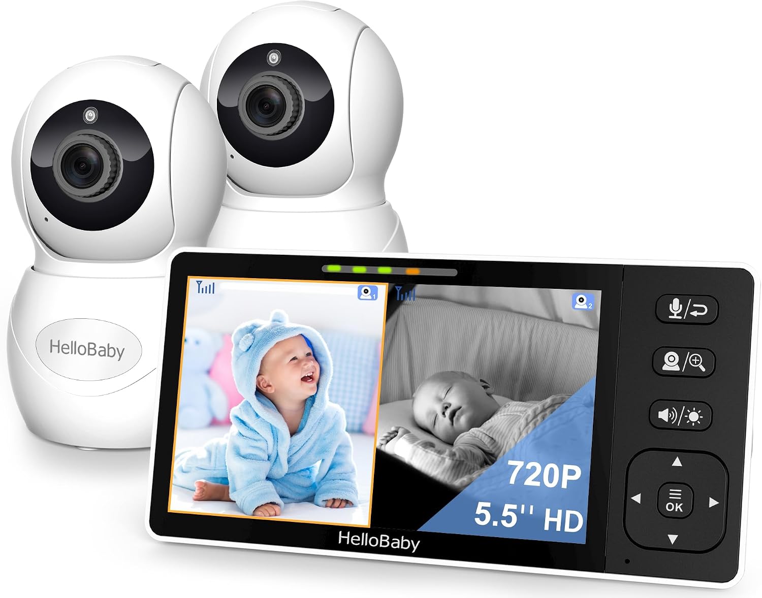 HelloBaby Baby Monitor with 2 Cameras, 5.5" 720P HD No WiFi Audio Display Split Screen, Dual 1080P Cameras, Pan-Tilt-Zoom, 2-Way Talk, Night Vision, 4000mAh Battery, Clock & Timer, Wide View
