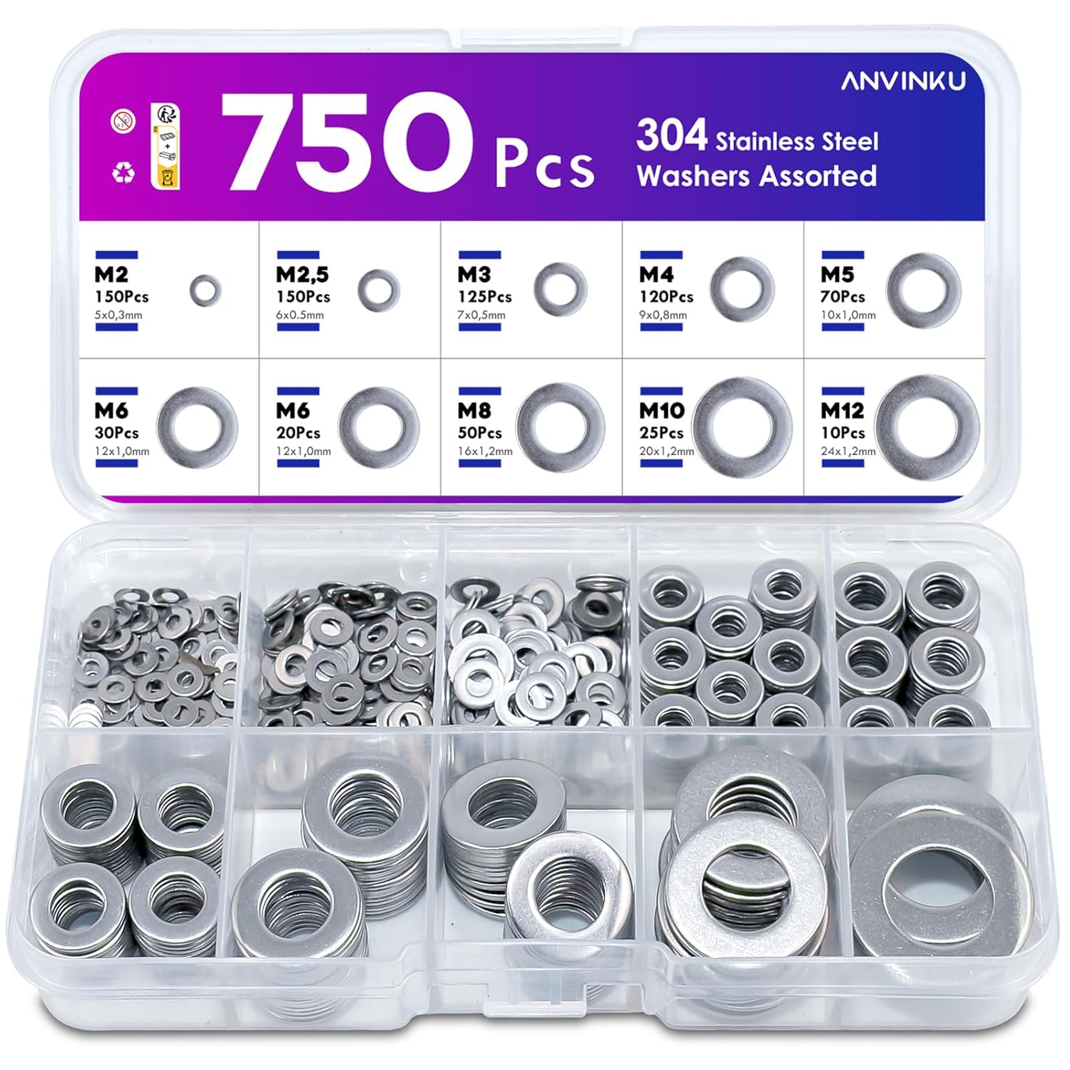 Washers for Screws, 750 PCS Stainless Steel Washer for Bolts, 9 Sizes Assorted Washers M2 M2.5 M3 M4 M5 M6 M8 M10 M12, Metal Washer for Repair