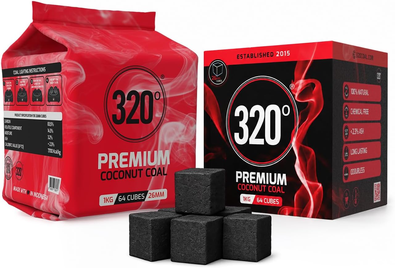 320° Premium Shisha Coconut Charcoal Coal (26mm Cube) for Hookah BBQ - 1 kg - 64 Pieces Nicotine Free