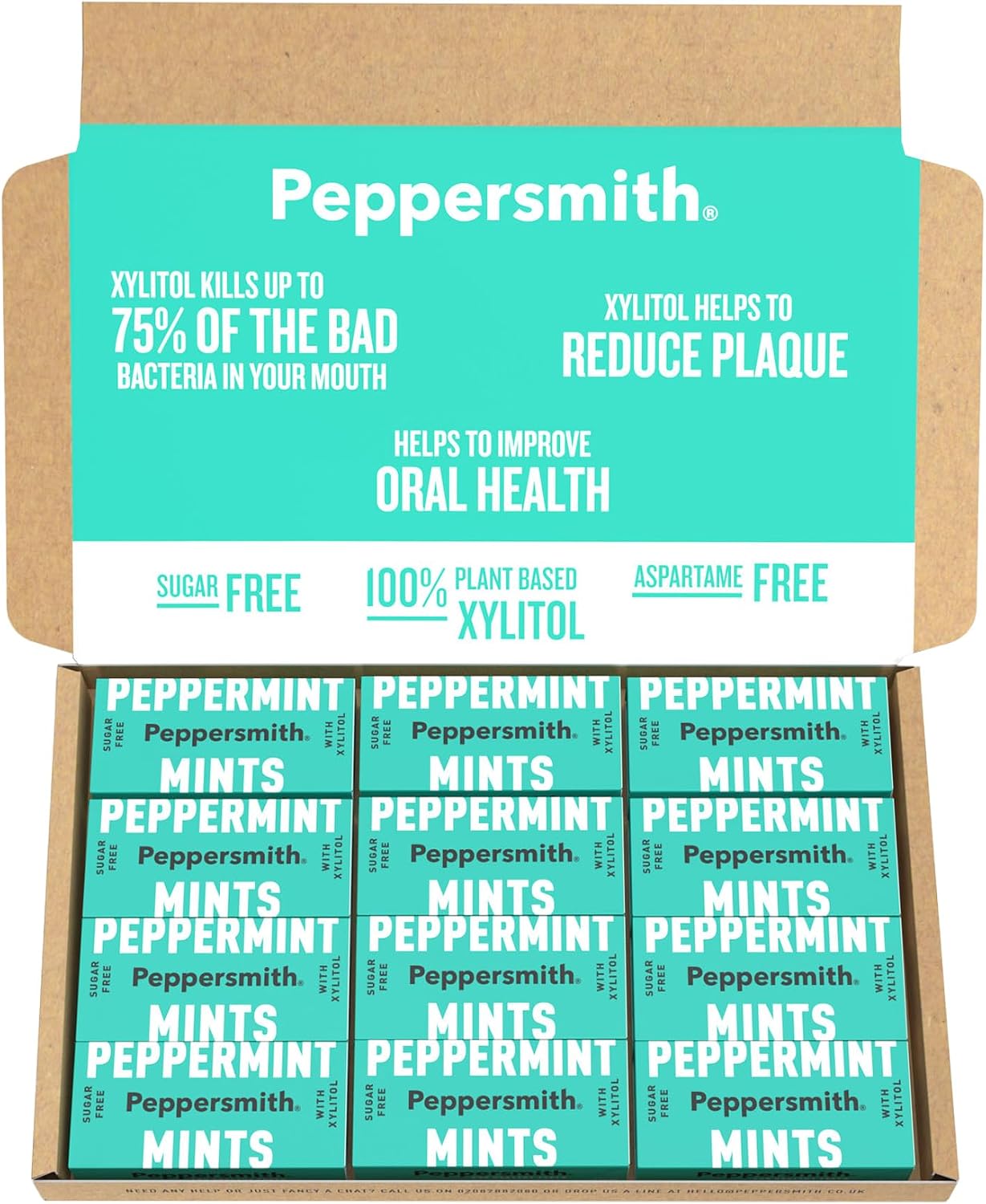 Peppersmith - British Peppermint Mints - 100% Plant Based Xylitol - Breath Freshener - Sugar Free Mints - Benefits Oral Health - Pocket Packs - 12x15g | 100% Plant Based Xylitol, Breath Freshener, Sugar Free Mints, Benefits Oral Health
