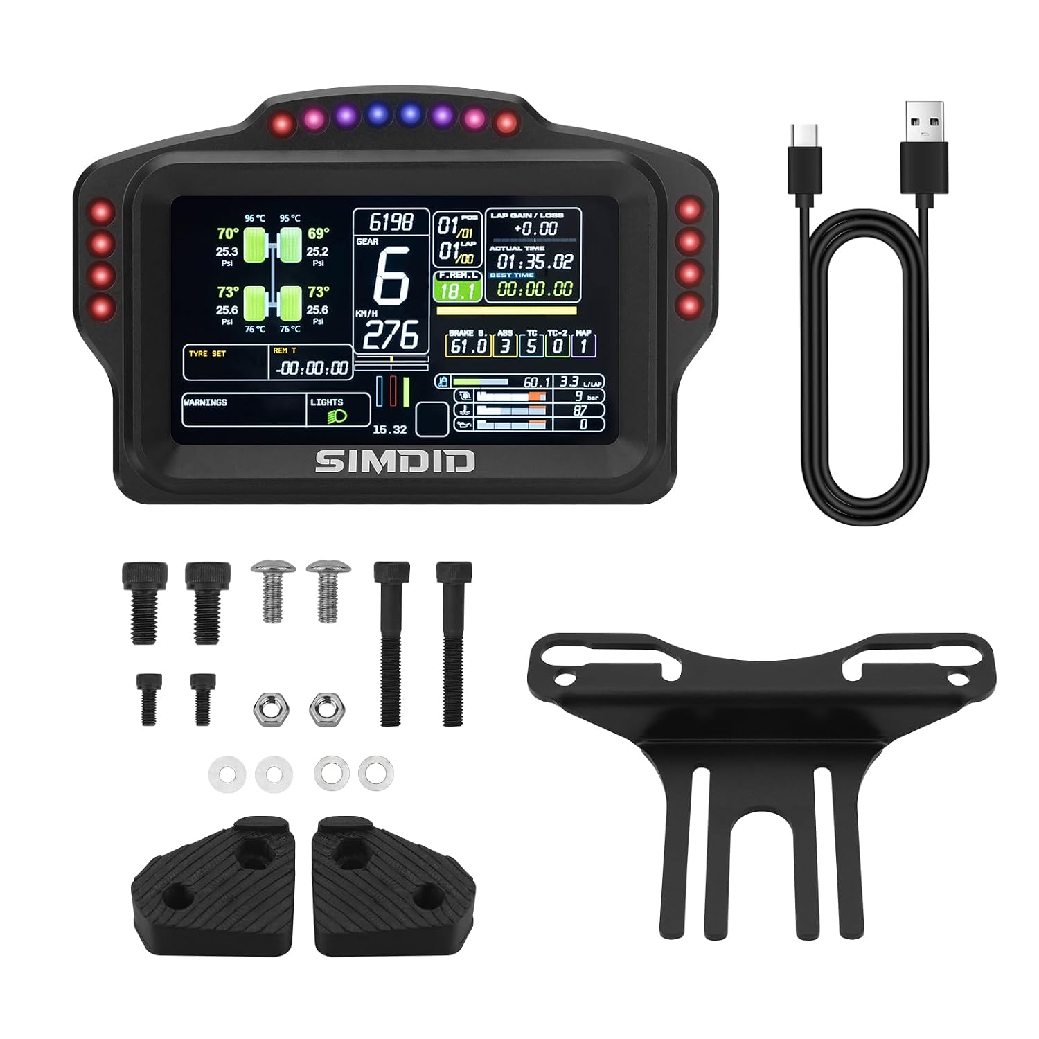 DV480 PRO Dashboard Sim Racing Dash Display with 5" Screen & 16 RGB LEDs for Simulation Racing Games Accessories