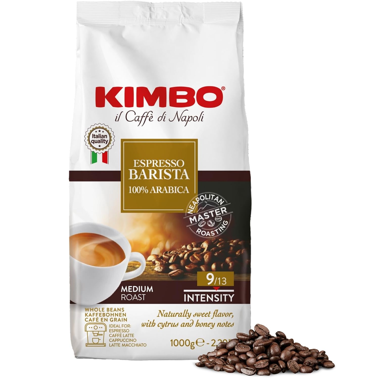 Kimbo Espresso Barista 100% Arabica | Whole Bean Coffee | Medium Roast | 9/13 Intensity | Naturally Sweet Flavor, With Cytrus and Honey Notes | 2.2 Lbs Bag