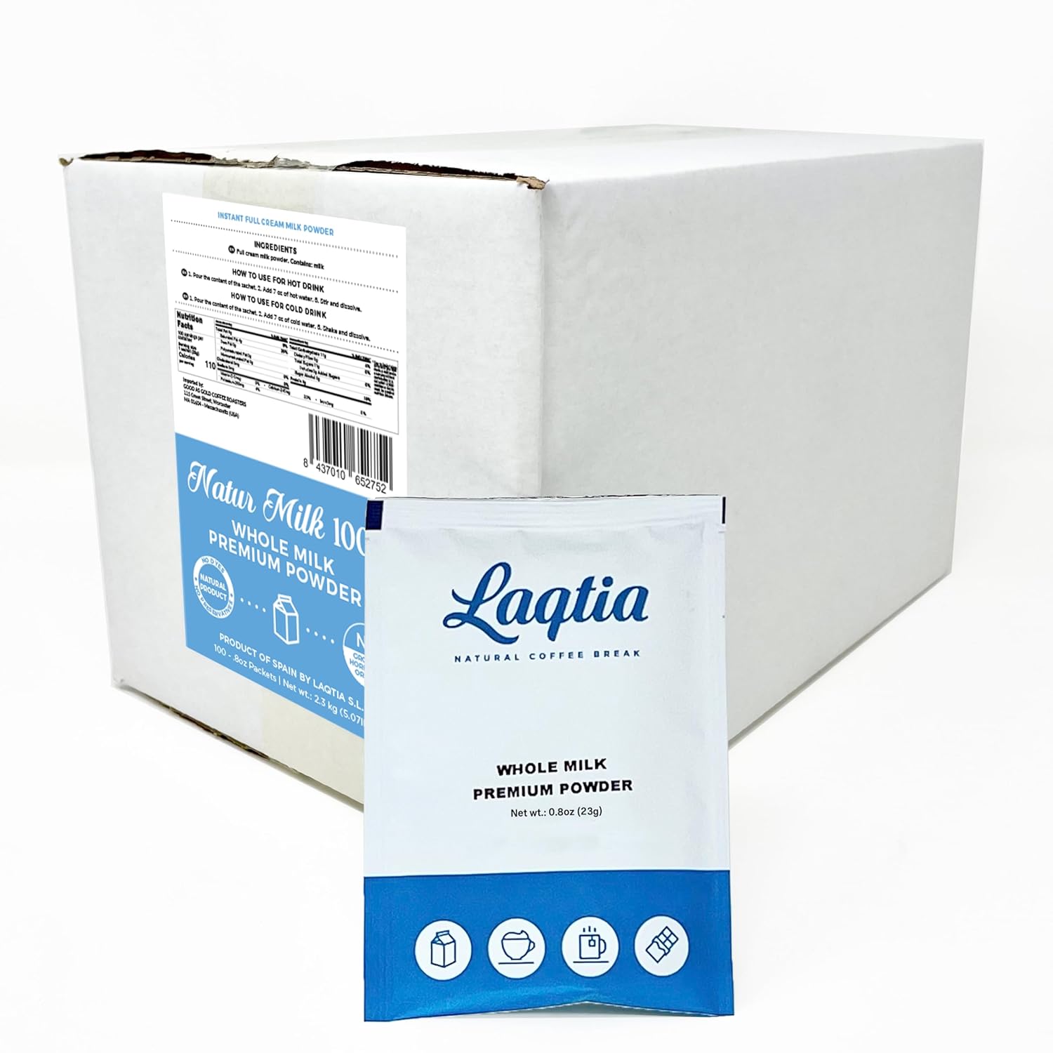 Whole Milk Powder Packets by Laqtia, 100ct Box, Makes an 8oz glass of Milk, Non GMO, Free of bST and rBGH, made using 100% European Dairy, product of Spain