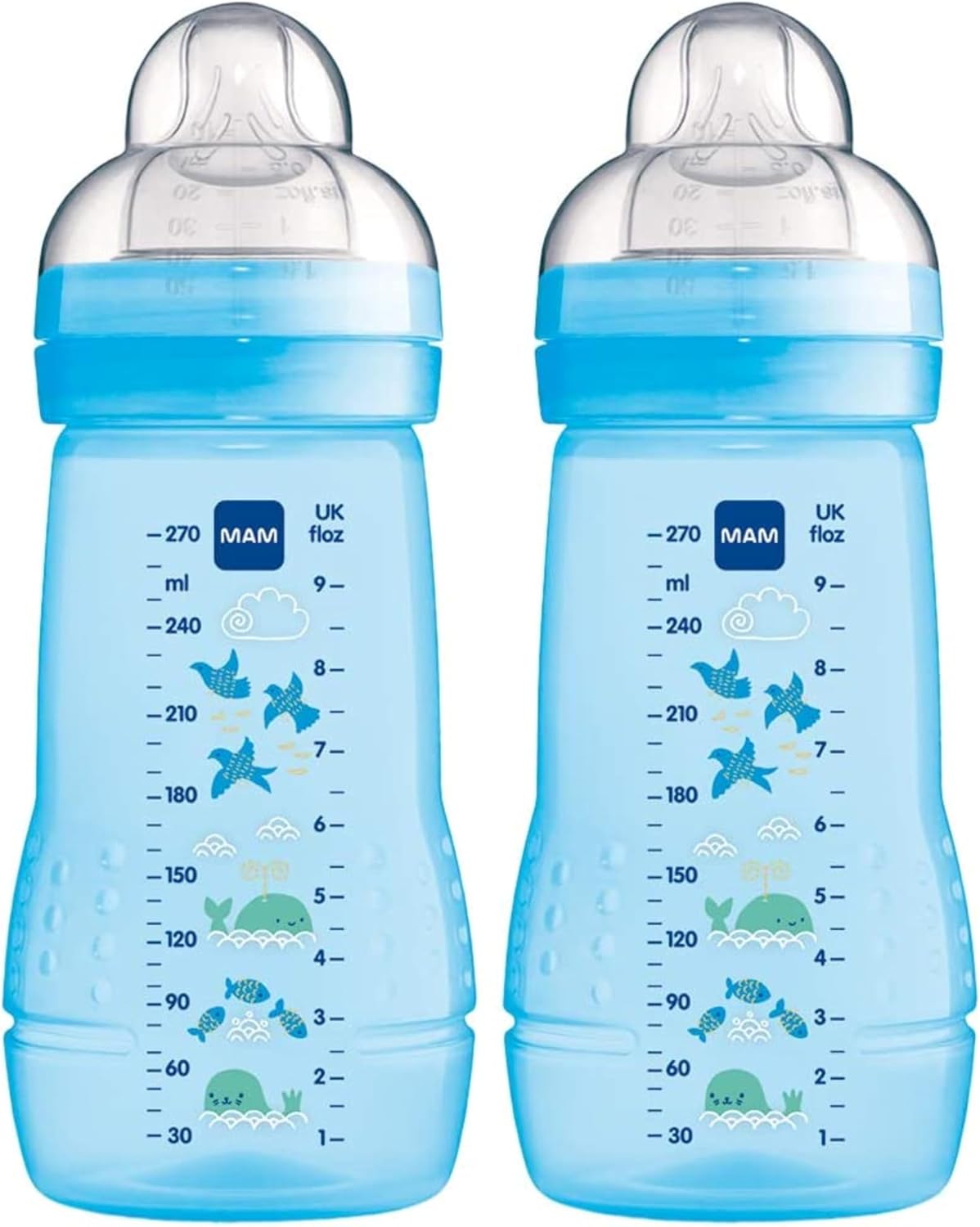 MAM Easy Active Bottles | 2 Pack (2 x 270ml) | Medium Flow MAM Teats Size 2 | Baby Accessories | Blue (Various Designs)