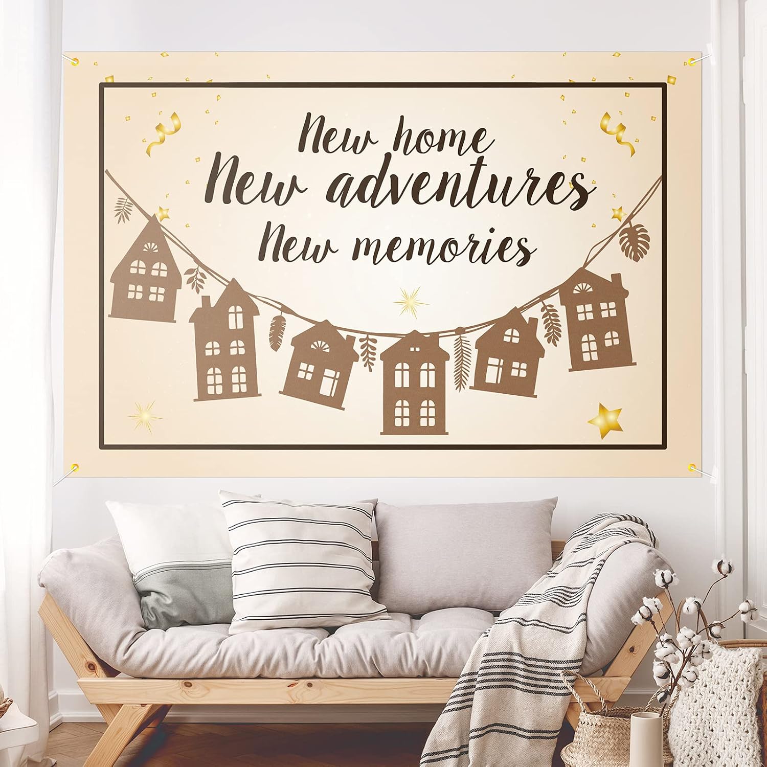 Home Adventures and Memories Backdrop Banner Decor Brown - Housewarming Party Theme Decorations for New House - Supplies for Women or Men
