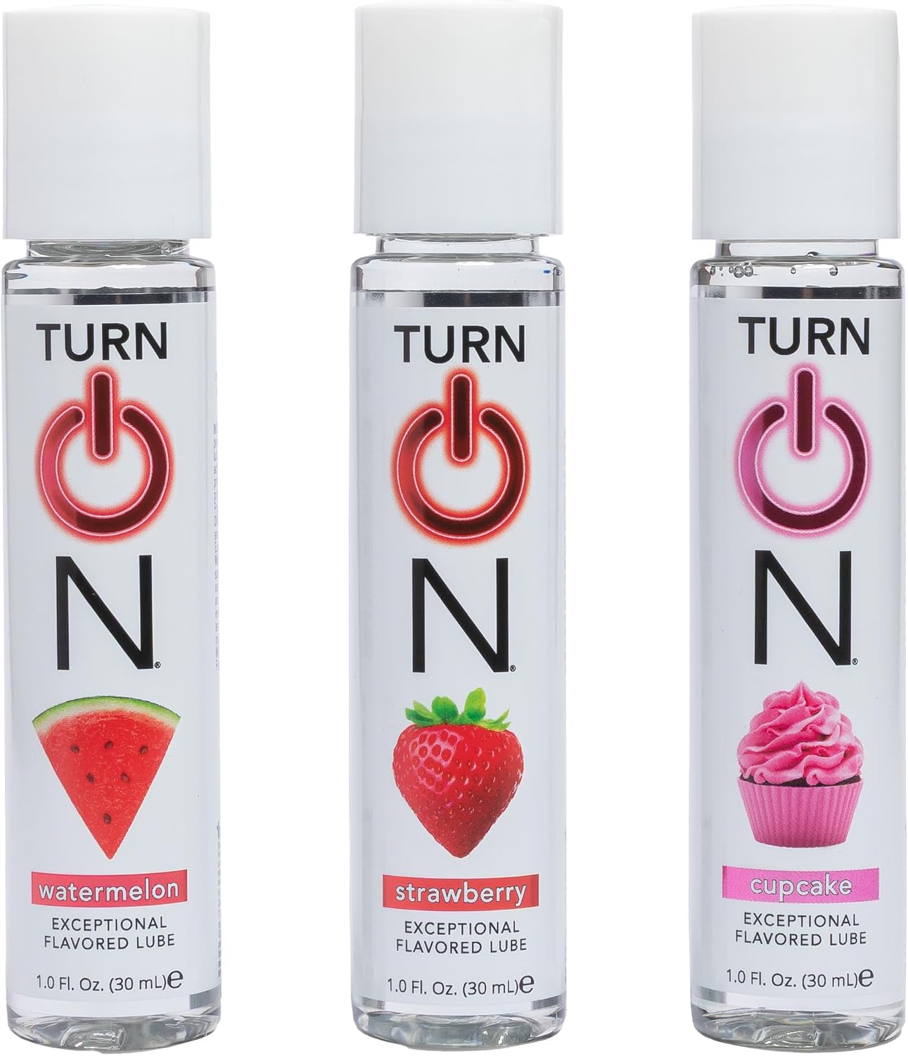 Turn On 3-Pack Flavors Sampler Collection - Strawberry, Watermelon, and Cupcake Lubes for Men, Women, and Couples | Paraben-Free, Gluten-Free, Stain-Free, Travel-Friendly, 1 fl oz Each