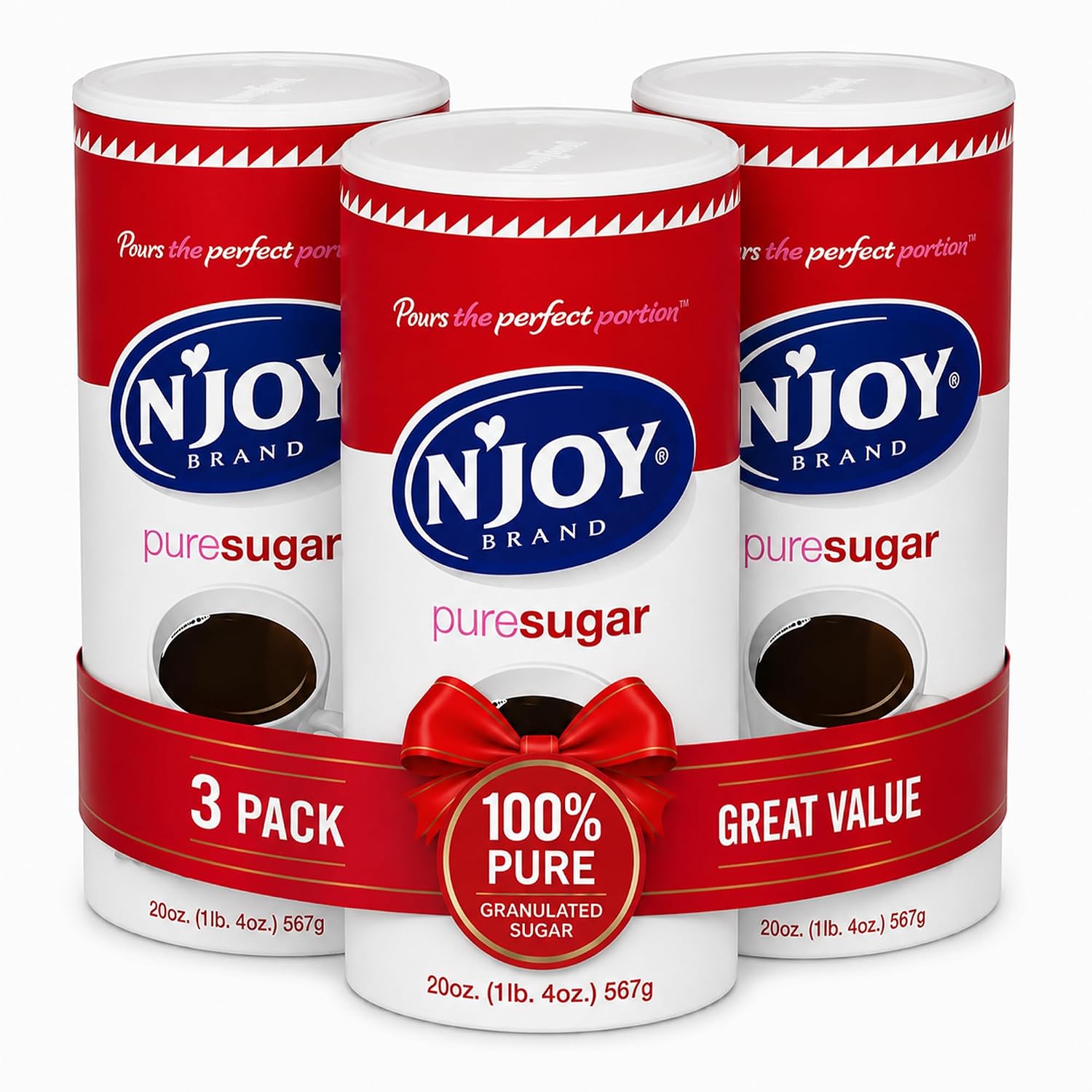 N'Joy Pure Sugar, Pack of 3 Canisters with EZ-Open Pour Spout (20 oz each) | Smooth Granulated Sugar for Coffee Bars, Cafes, Restaurants and Canister for Office, Shelf Stable and No Refrigeration Needed