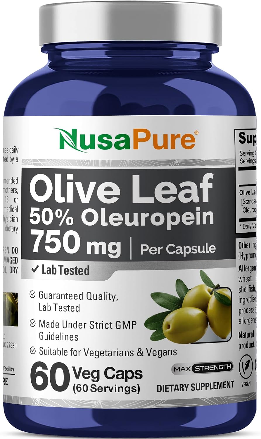 Olive Leaf Extract, Vegan, Non-GMO, 750mg, 60 Capsules - 60 Servings | Herbal Formula, Oleuropein Leaf Extract, 50% Oleuropein, Super Strength, Suitable for Adults, Made in cGMP Facility USA