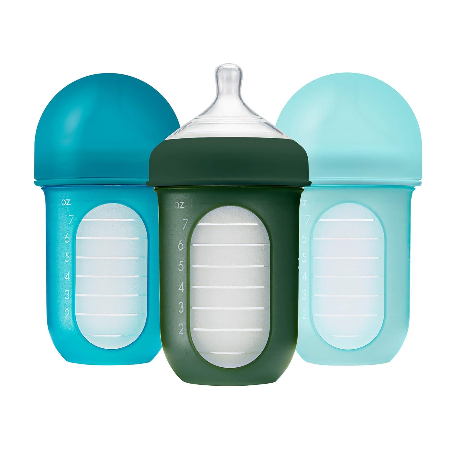 Boon Nursh Reusable Silicone Pouch Baby Bottles - Medium Flow Nipple - Silicone Baby Bottle Pouch and Nipple - Baby Feeding Essentials - Blue - 3-6 Months - 3 Count - 8 Ounce