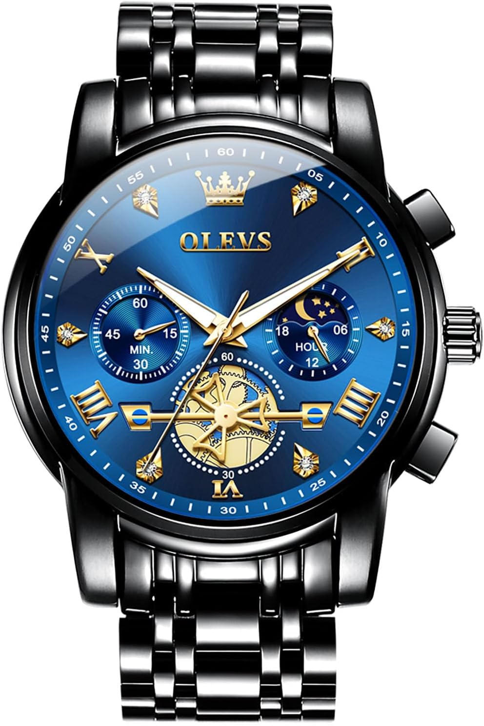 OLEVS Men Watches Stainless Steel Chronograph Watch, Large Wrist Analog Quartz Watch, Fashion Waterproof Diamond Roman Numerals Dress Watches for Men, Gold/Black/White/Blue/Grey Dial