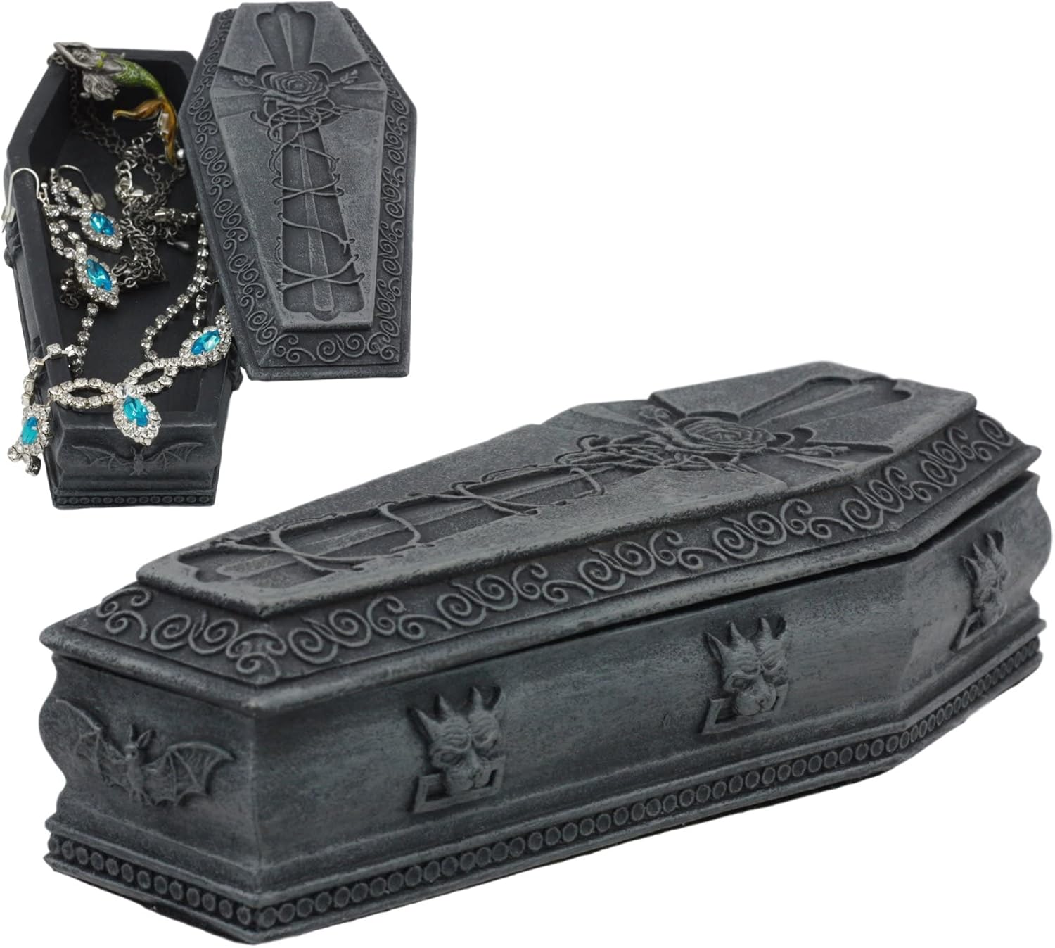 Ebros Gothic Gargoyle With Twisted Rose Vine Cross Coffin Jewelry Box Figurine 6"Long Trinket Mini Storage Casket Shaped Celtic Crucifix Sculpture Gargoyles Notre Dame Goth Decor