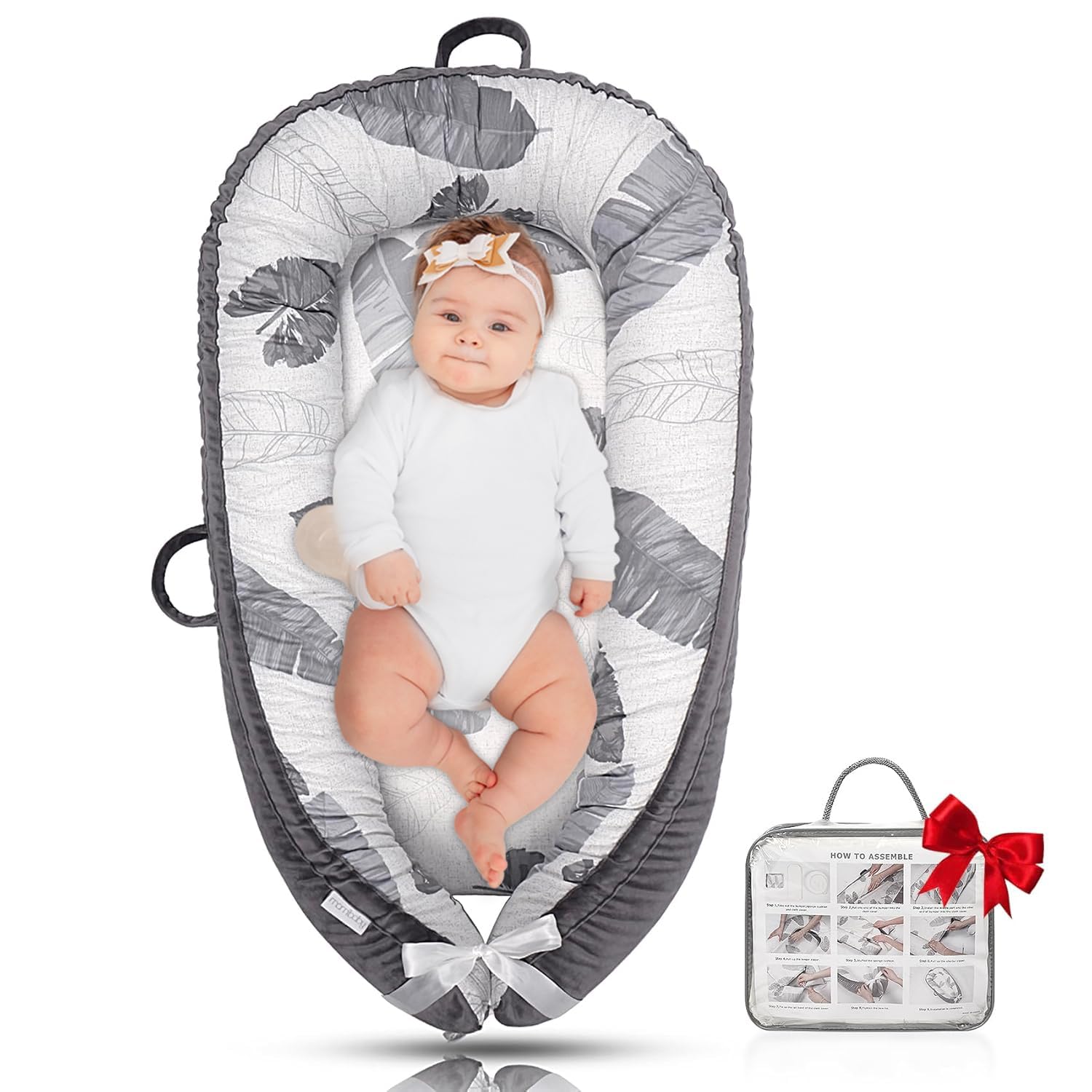 Baby Lounger - Baby Lounger for Newborn 0-24 Months, Ultra Newborn Babies Essentials Gifts, Baby Snuggle Nest Me Baby Lounger, Lightweight Infant Baby Lounger Cover (Grey Leaves)