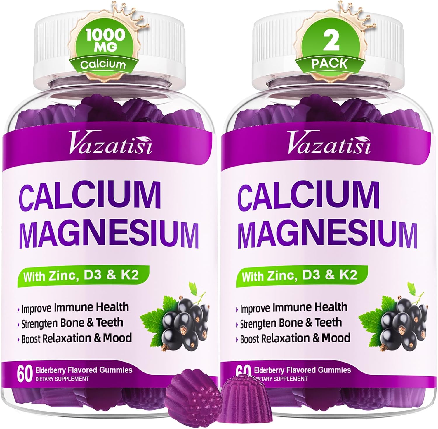 Calcium Magnesium Zinc Gummies with Vitamin D3 and K2, High Absorption Magnesium Glycinate Potassium for Immune and Muscles, Vegan Elderberry Flavor 120 Gummies