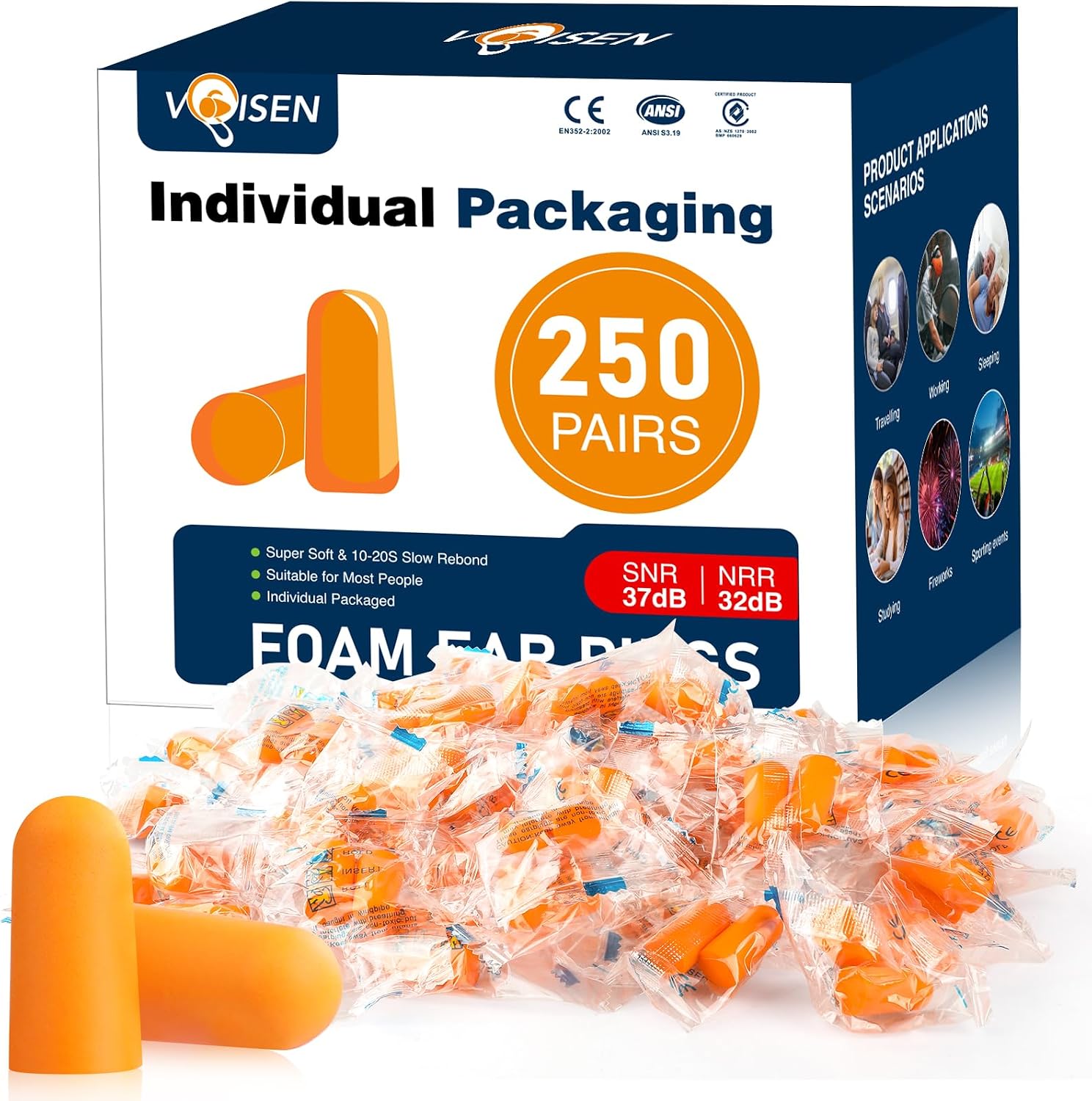 VOISEN Ear Plugs,250 Pairs Ear Plugs for Sleeping,32dB NRR 37dB SNR Ear Plugs Noise Cancelling for Snoring, Studying, Loud Events, Traveling & Concerts, Individual Package