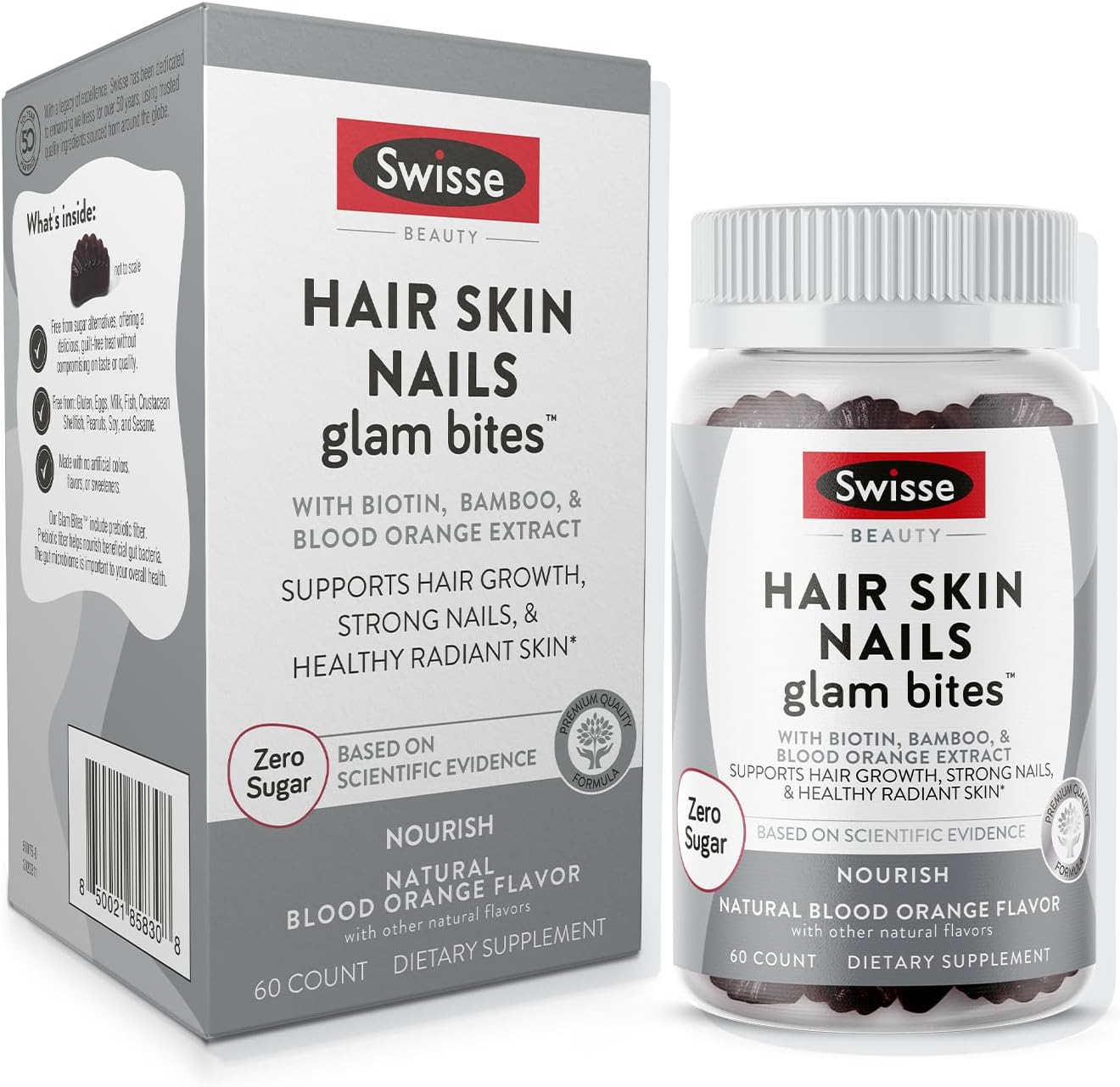 Swisse Hair Skin Nails Glam Bites – Biotin, Bamboo & Blood Orange – Supports Hair Growth, Stronger Nails & Radiant Skin – Zero Sugar Gummies for Adults – Natural Blood Orange Flavor, 60 Count