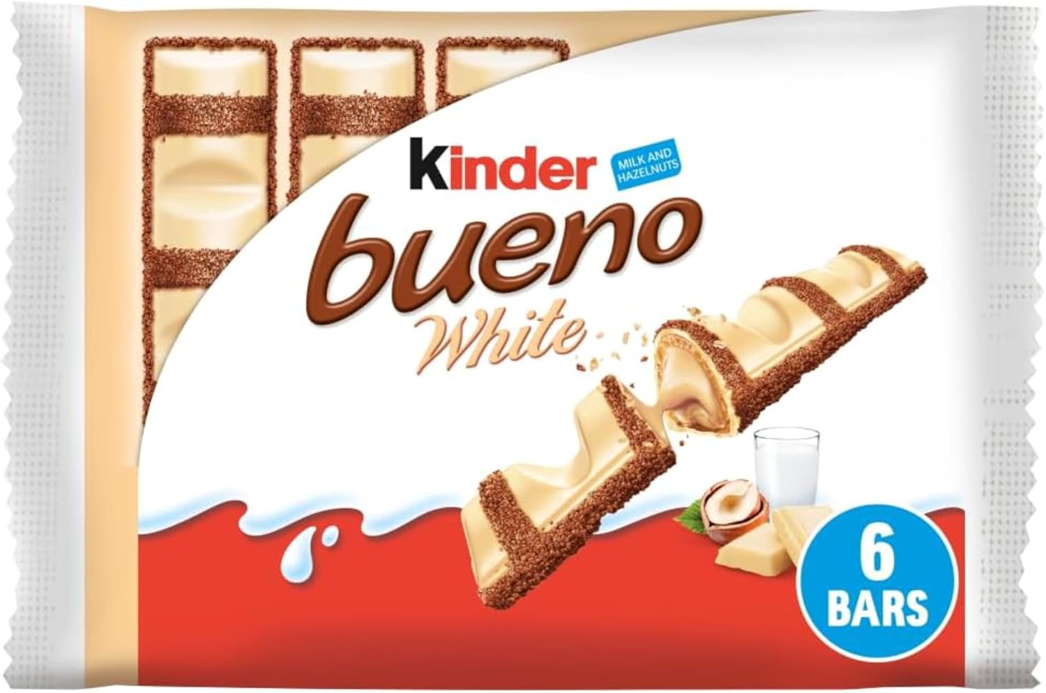 Kinder Bueno White Chocolate Bars, Pack of 3 x 2 (6 Bars) | Crispy Wafer with Creamy Hazelnut Filling and Cocoa Meringue, Chocolate Bar With a Unique Taste, Great Chocolate Gift