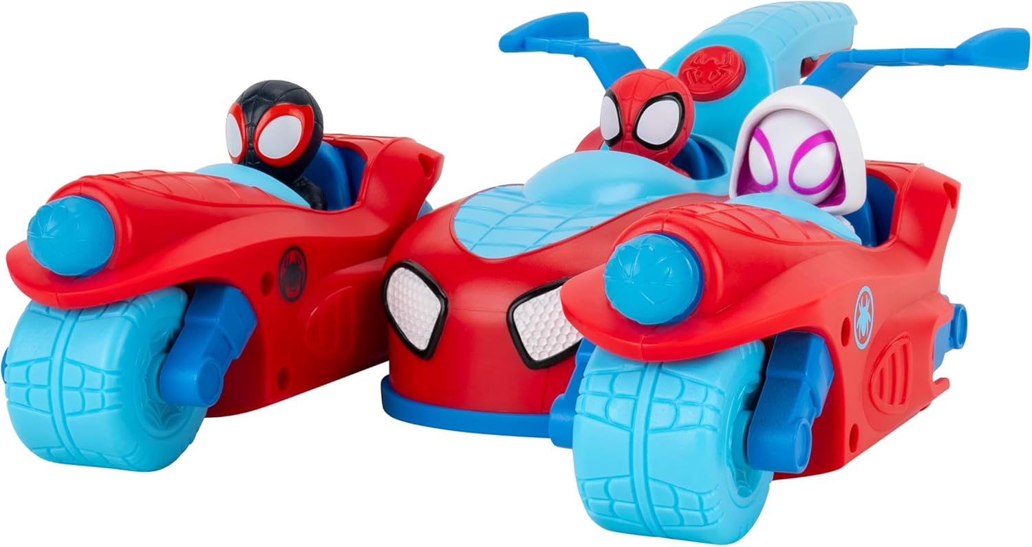 Jazwares Marvel Spidey and His Amazing Friends Spidey Team Split Racer - 8.5-Inch Three-in-One Vehicle with Web Darts, Sound Effects, and Phrases