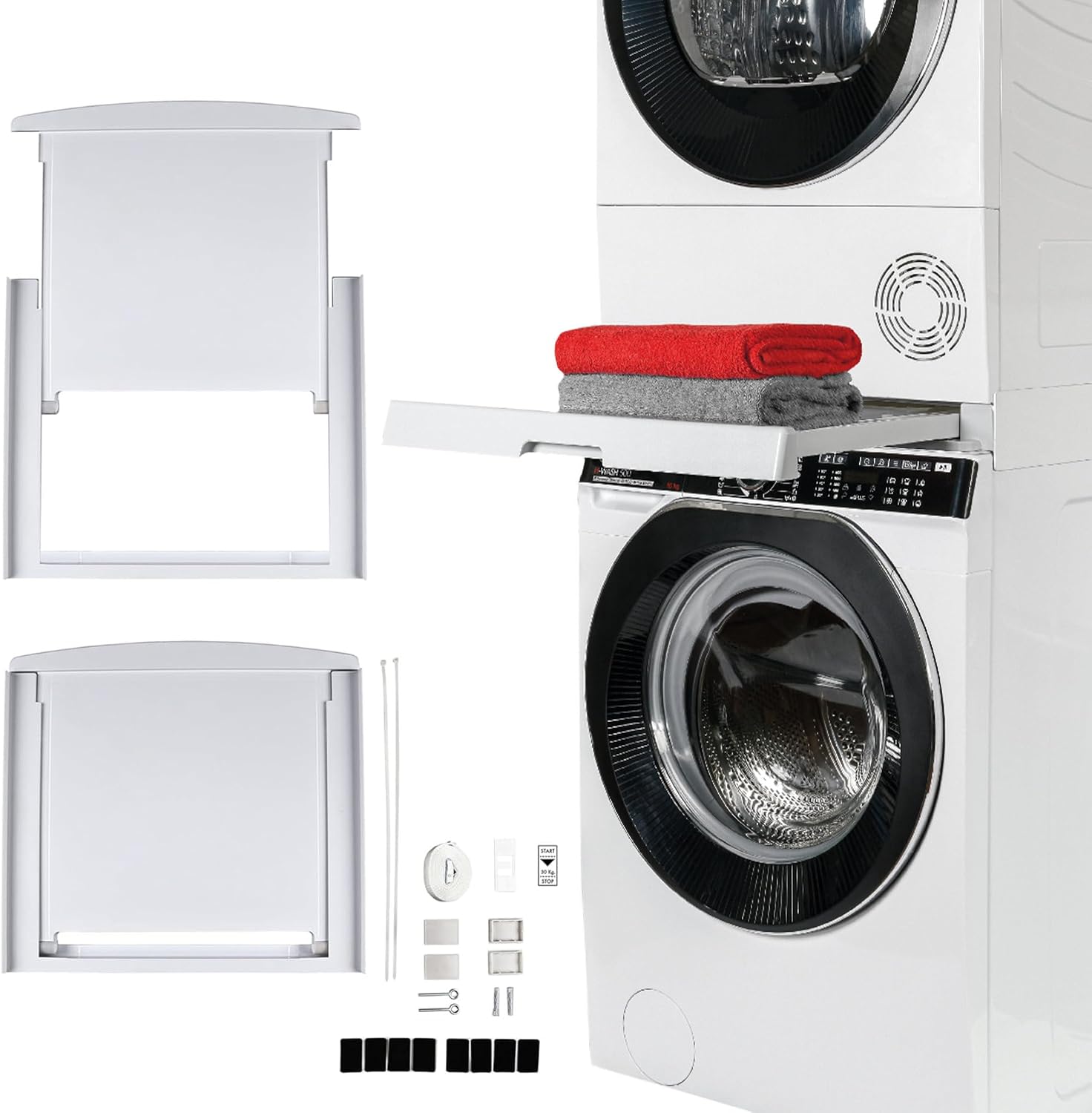 Hoover Washing Machine & Tumble Dryer Stacking Kit | Original stacking kit with sliding shelf, ratchet strap and wall fixings fits appliances with 47-62cm cabinet depth.