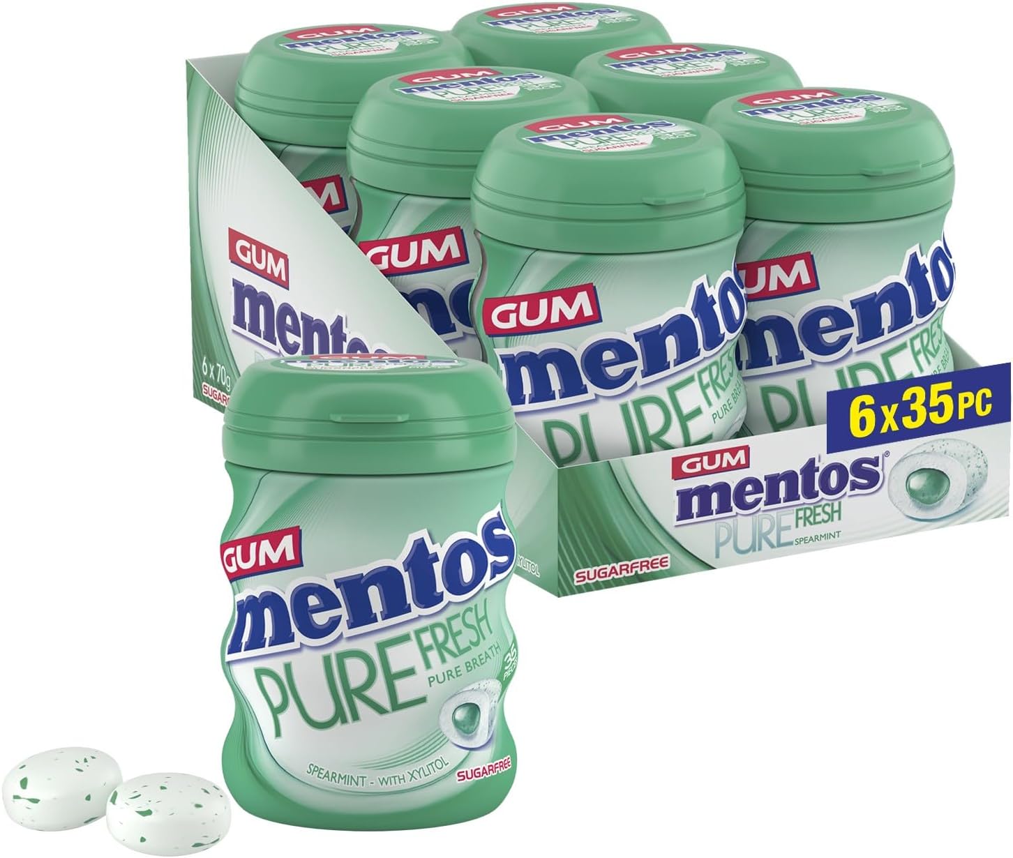 Mentos Pure Fresh Spearmint Chewing Gum 35 Pieces – Sugar-Free, Bursting Freshness, On-the-Go, Gluten-Free, with Xylitol, 90 g (Pack of 6)