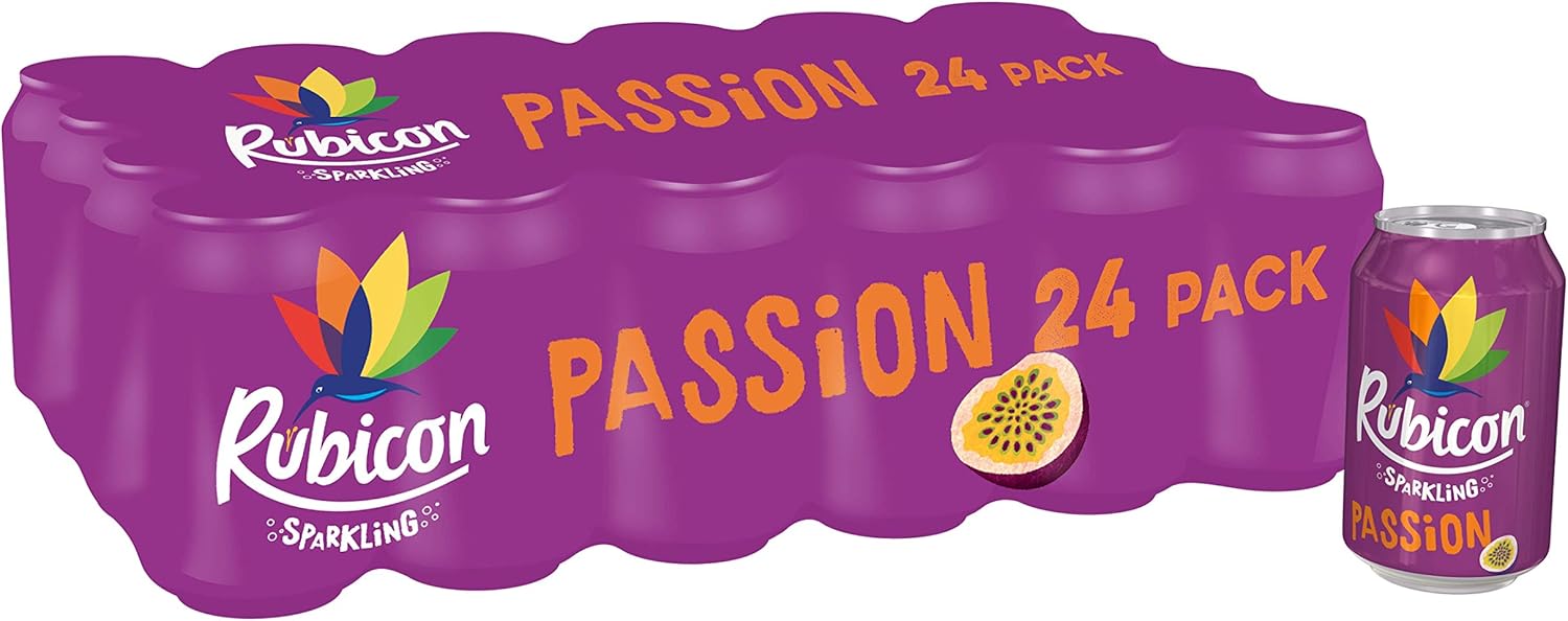 Rubicon 24 Pack Sparkling Passion Flavoured Fizzy Drink with Real Fruit Juice, Handpicked Fruits for a Temptingly Intense Taste "Made of Different Stuff" - 24 x 330ml Cans
