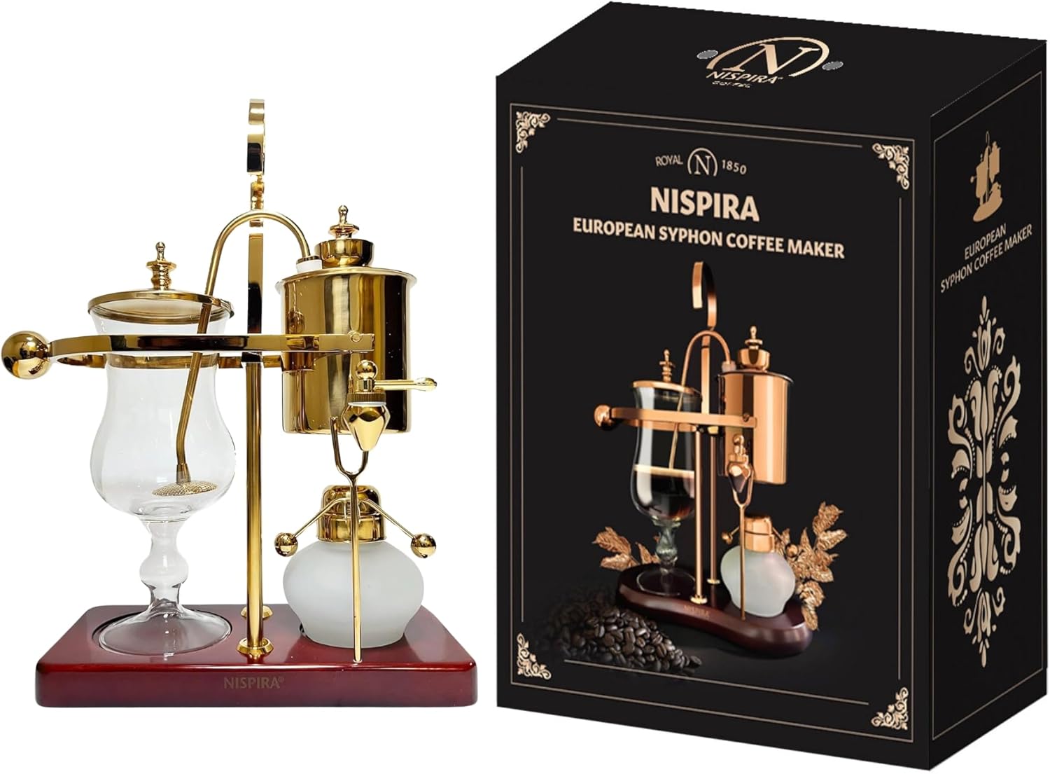 Nispira Belgium Royal Family Balance Syphon Unique Gravity Vintage Coffee Maker Vacuum Brewing System Gold 500 ml
