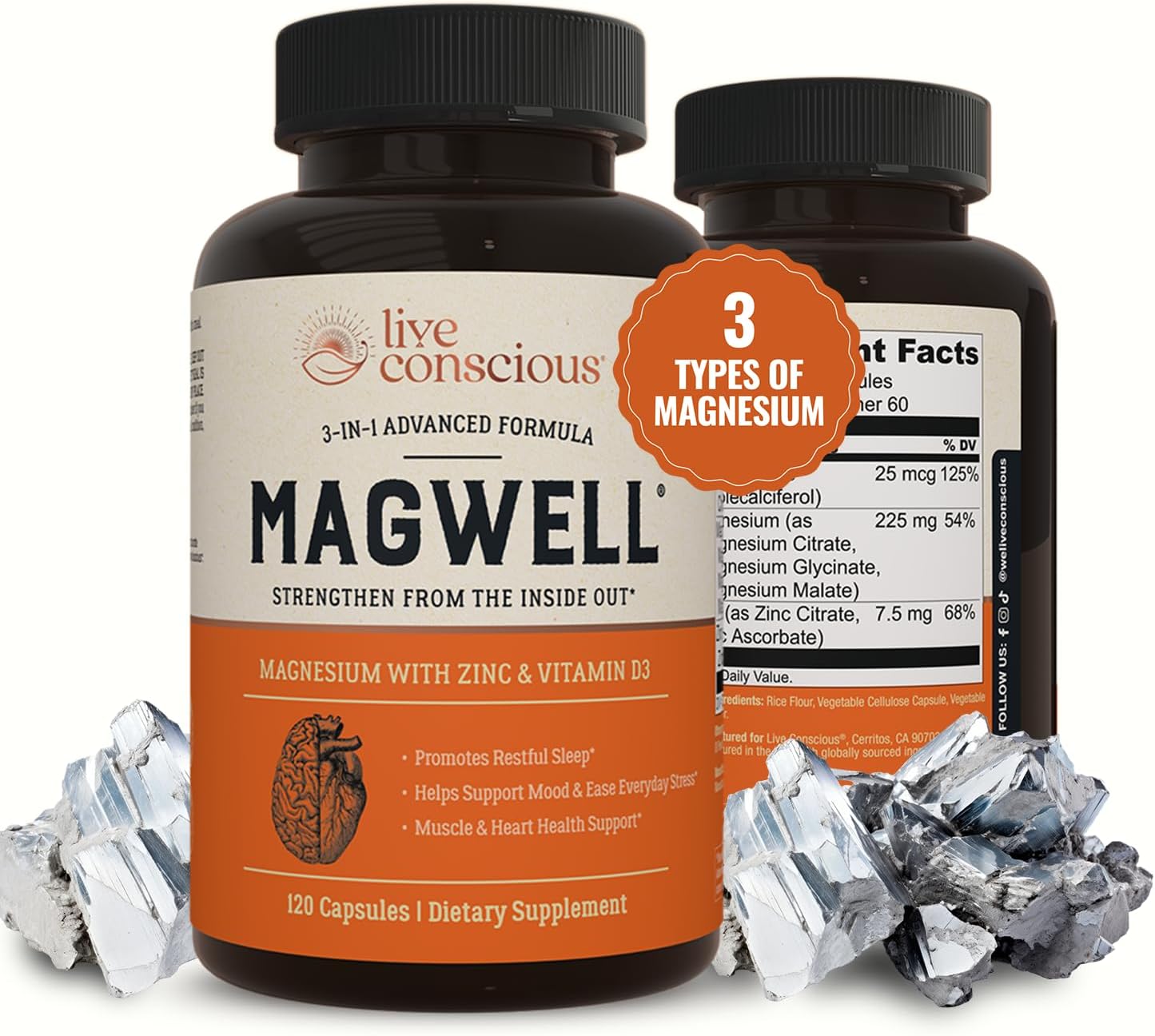 Live Conscious Magwell Magnesium Zinc & Vitamin D3 - Magnesium Glycinate, Malate, & Citrate - Triple Supplement for Women & Men - for Sleep, Bone, Heart, Immune Support - 120 Caps