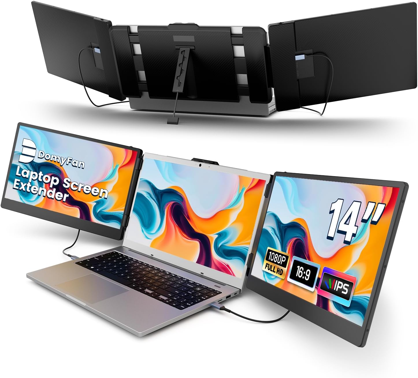domyfan 14" Laptop Screen Extender, FHD 1080P IPS Triple Portable Monitor for Laptop, HDMI/USB-A/Type-C Plug and Play for Windows, Mac, Android, Chrome,PS5, Work with 13.3"-17" Laptops
