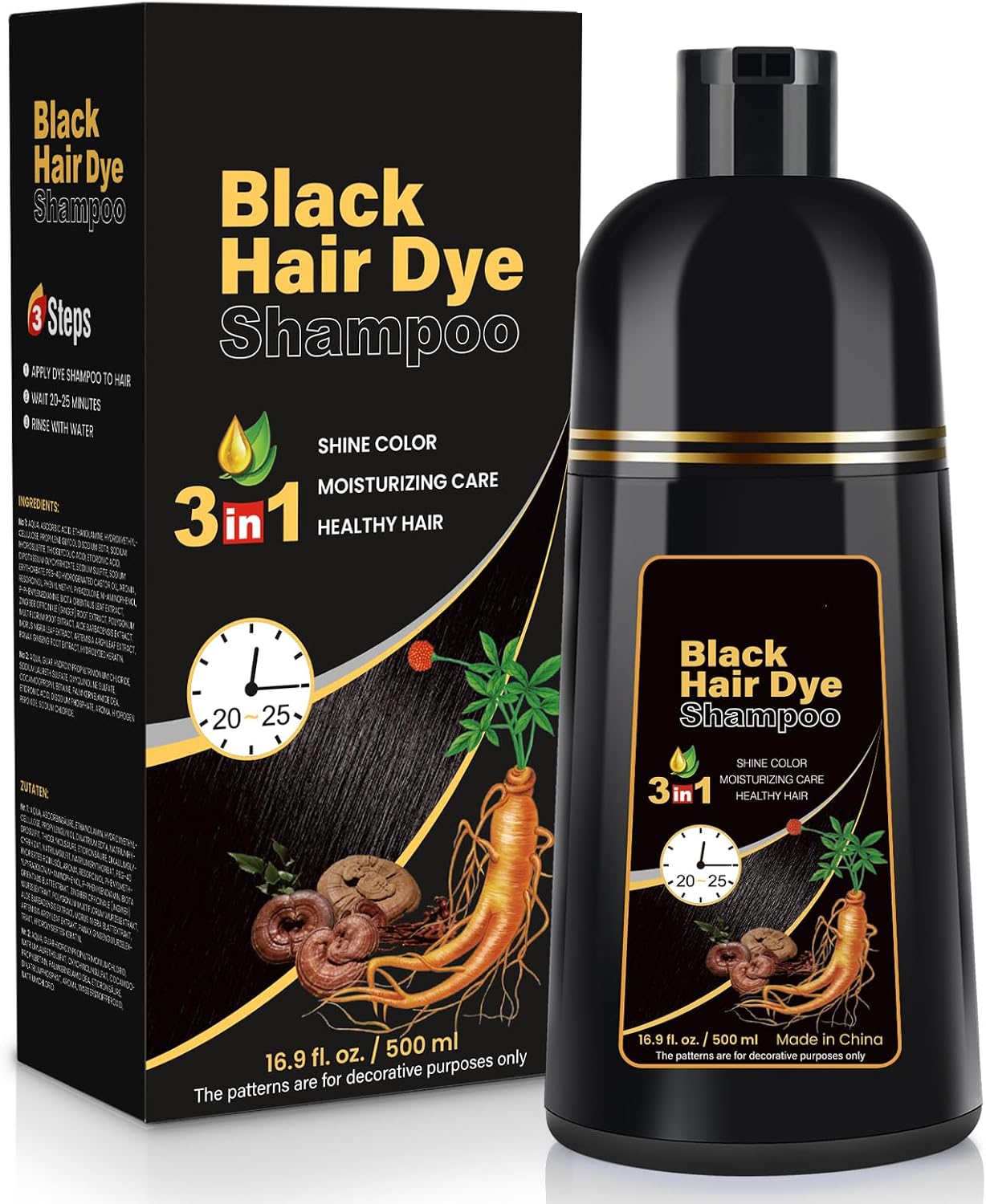 Black Hair Dye Shampoo 3 in 1, Hair Dye Semi Permanent Color