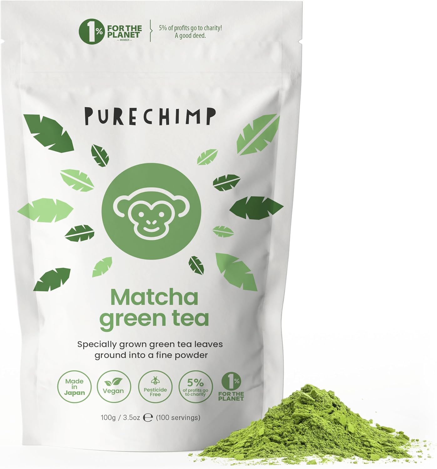 PureChimp Ceremonial Matcha Powder 100g. 100% Pure Green Tea. Shade-Grown Leaf for Lattes, Beverages, and Culinary Uses. Sustainable Packaging. Rich in Antioxidants