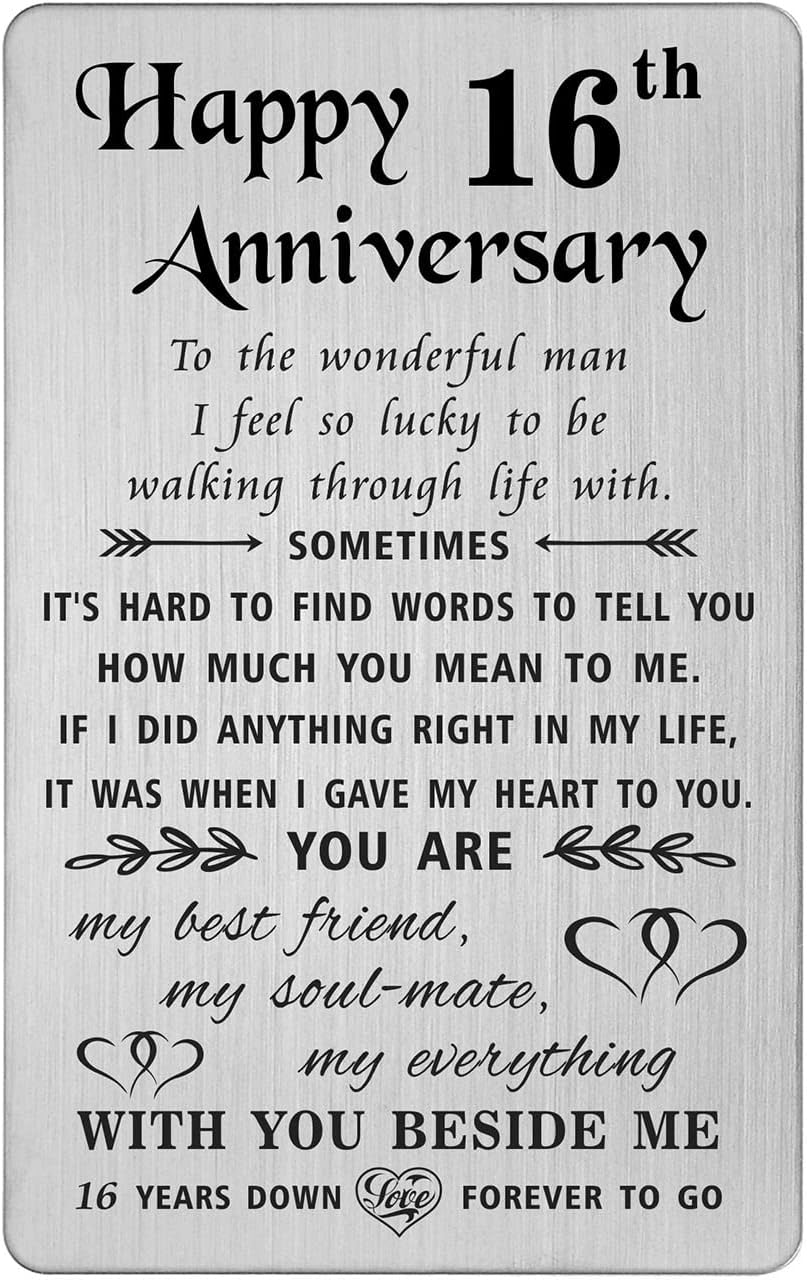 TANWIH 16th Anniversary Card for Husband - 16 Years Down Forever to Go - 16 Year Wedding Anniversary Card Gifts for Him Men, Engraved Metal Wallet Card