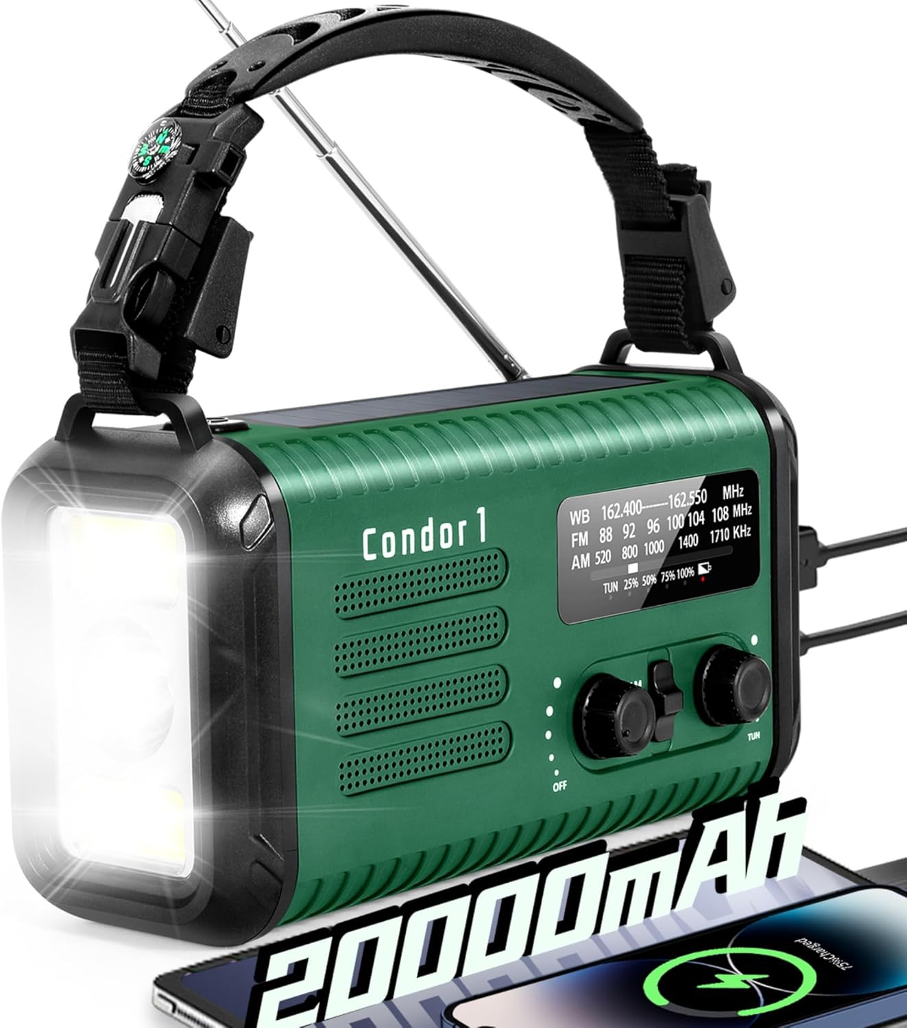 Emergency Crank Radio, 20000mAh / 74000mWh Solar Hand Crank Weather Radio with NOAA/AM/FM, Battery Powered Radio with Cell Phone Charger, Reading Lamp, Flashlight & SOS for Emergencies/Home