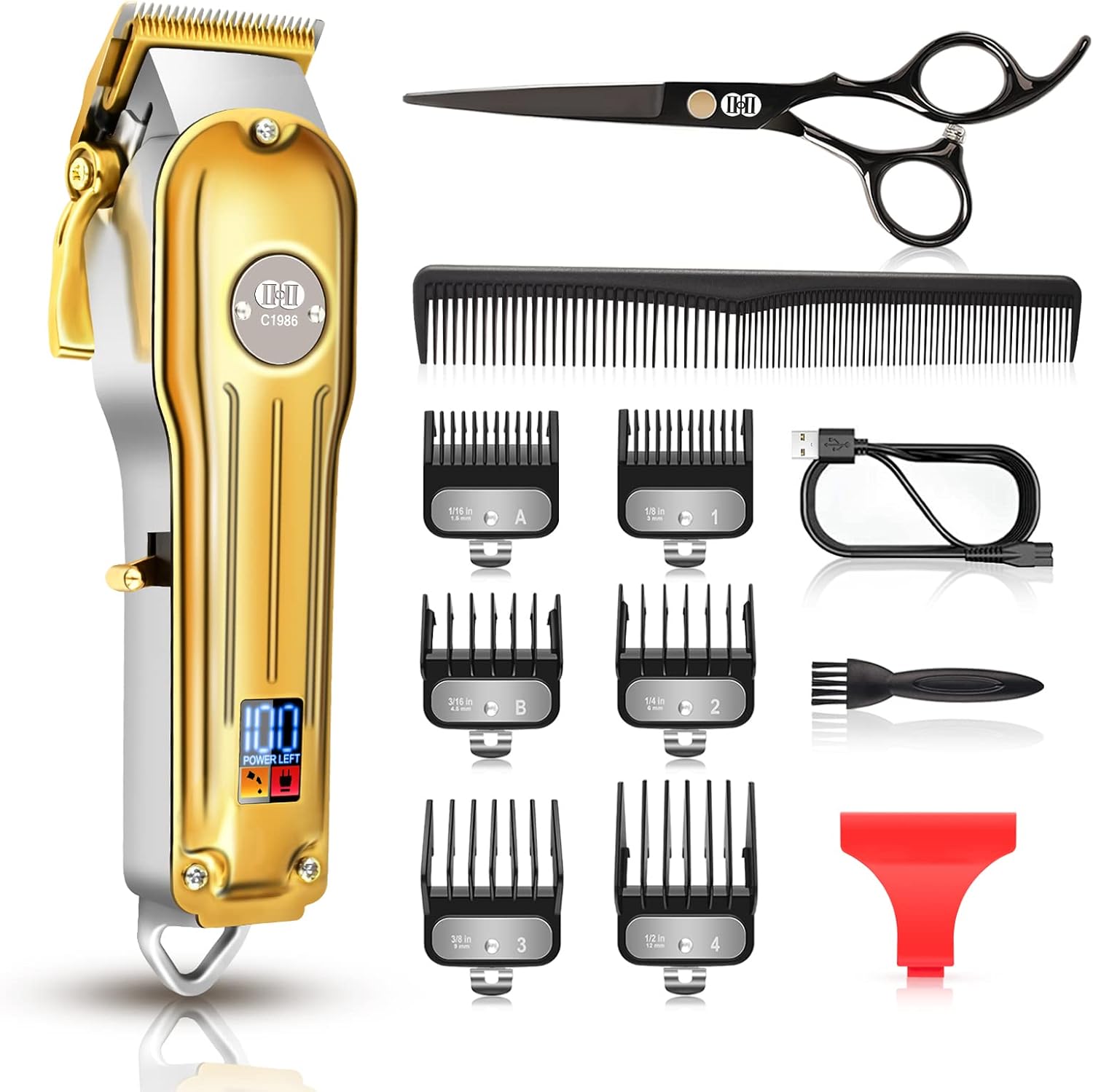 CIICII Cordless Hair Clippers for Men, Professional Barber Clippers for Hair Cutting (12Pcs Rechargeable USB Adjustable LCD Display Hair Beard Trimming Haircut Machine Kit) for DIY Home Barber Salon